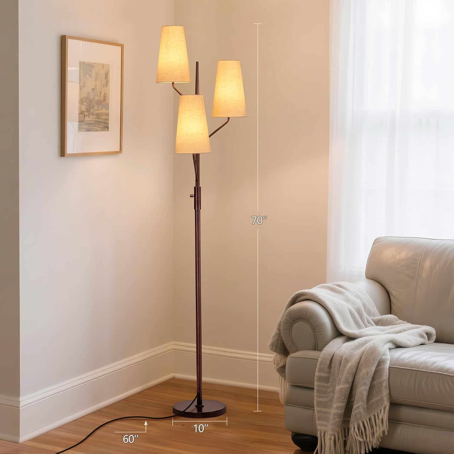 SRJJA Floor Lamp for Living Room, 70" Tall Farmhouse Standing Lamp with Linen Shades, Industrial Rustic Tree Floor Lamps for Bedroom, Office and Dining Room(Bulb Not Included)