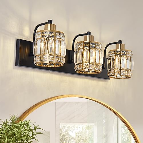 Lámpara de tocador de baño de 3 luces, lámpara de cristal sobre el espejo, luces giratorias de pared interior negro mate y dorado  Pantalla moderna