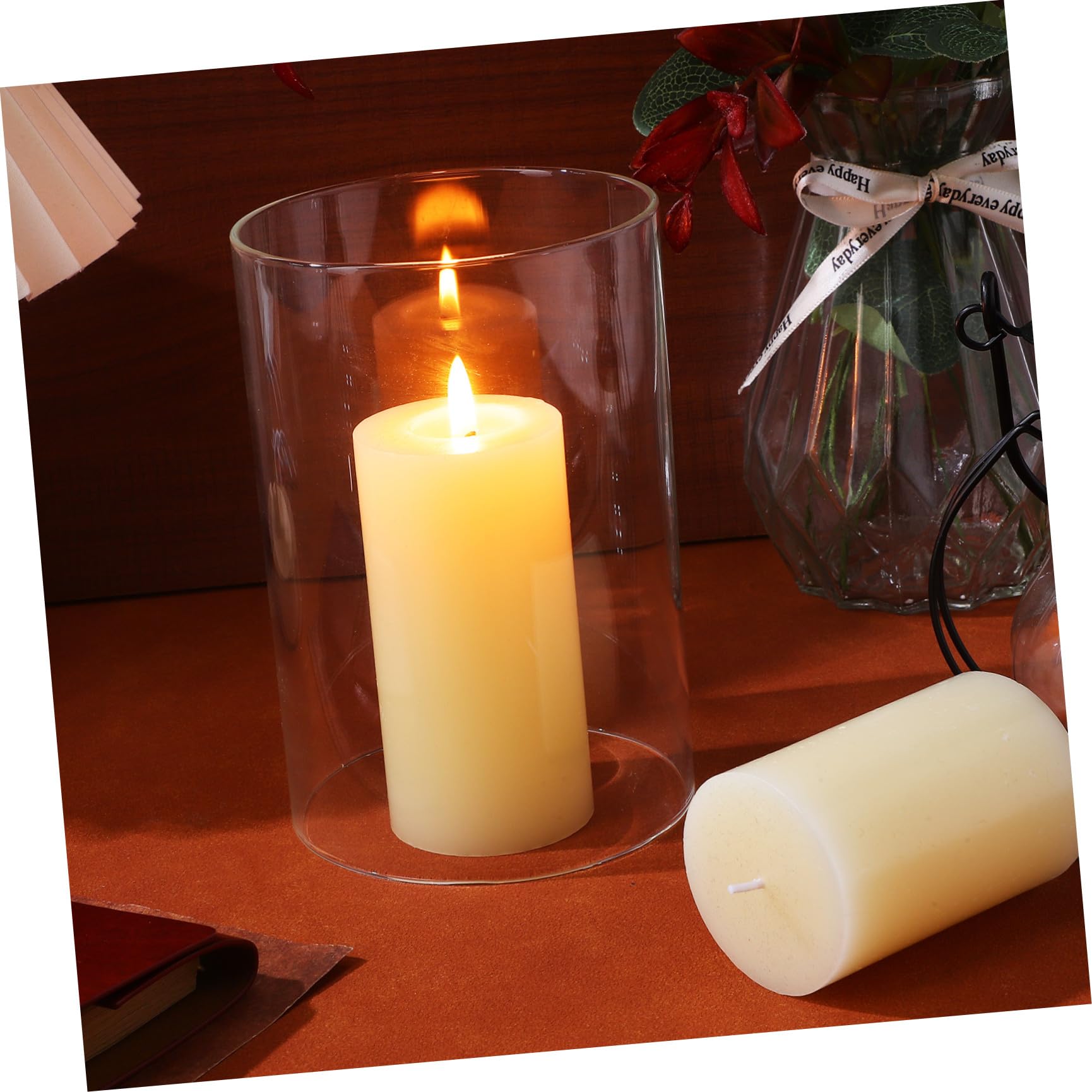 Paralume in Vetro Cilindrico 2 Pezzi Trasparente Vetro Copri Candela Elegante per Proteggere Candele e Uso Antivento per Decorazioni