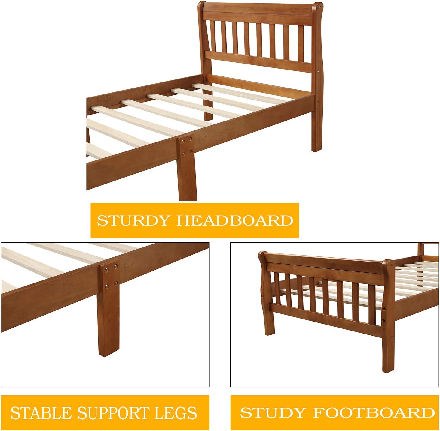 Merax Wood Platform Bed Frame with Headboard and Footboard, Twin Size Bed Frame with Slats Support, Sleigh Twin Size Bed, No Box Spring Need (Walnut Twin Bed)