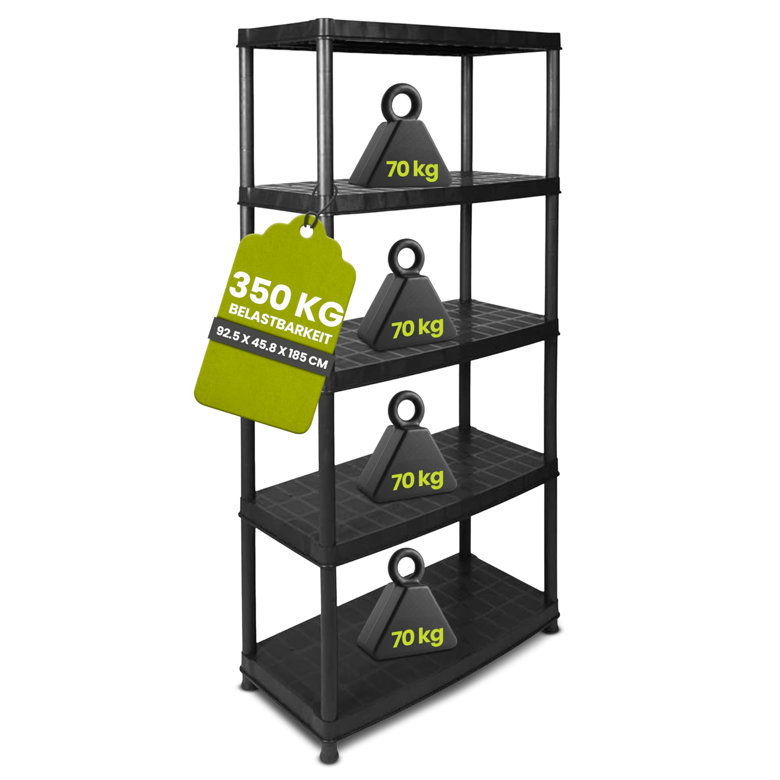 Étagère pour charges lourdes Étagère en plastique avec 5 tablettes solides Charge max. élevée d’env. 70 kg par tabletteDimensions appr. l x p x h en cm : 92 x 45 x 185 cm.