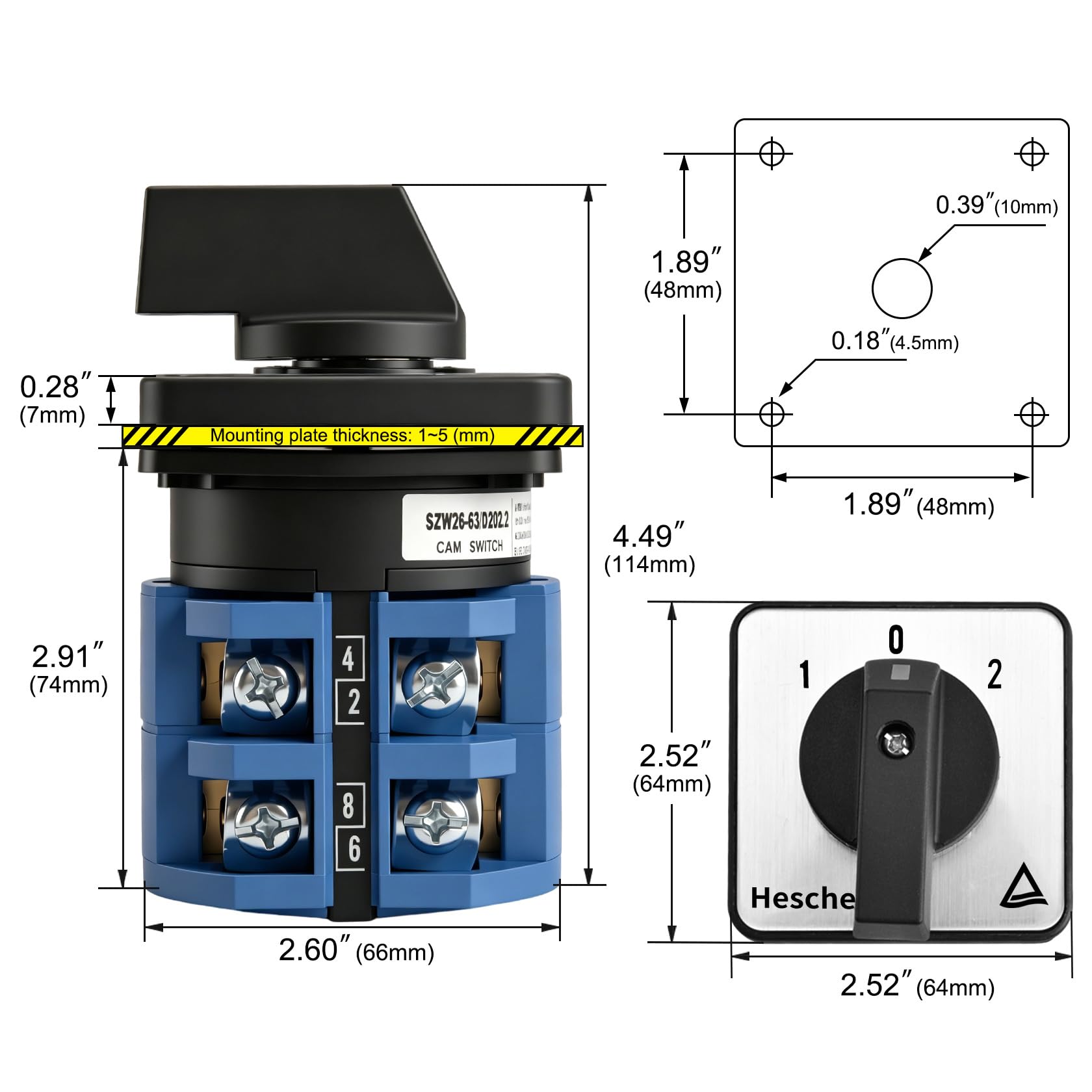 Heschen Sélecteur de came rotatif universel SZW26-63/D202.2, 660 V 63 A, ON-OFF-ON 3 positions, 2 phases, 8 bornes, CE