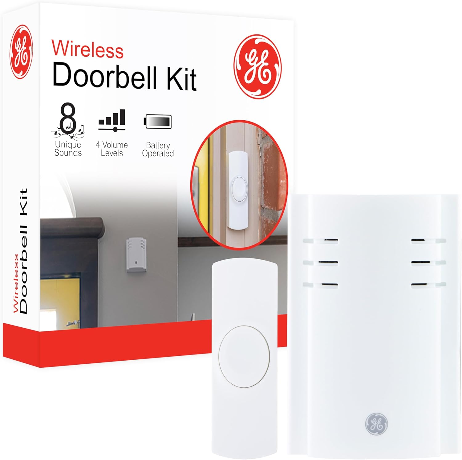 GE Wireless Doorbell Kit, Plug-In Receiver, 2 Push Buttons Door Bell, 8 Melodies Doorbell Chime, 4 Volume Levels, Classroom Doorbell, 150 Ft Range, White, 19300