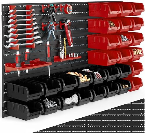 tectake® 44 Pcs Wall-Mounted Tool Storage Organiser with 28 Parts Boxes, 2 Wall Plates & Tool Holders, Durable Pegboard & Stackable Storage Boxes with Easy Setup for Garage, Workshop & Shed - Single