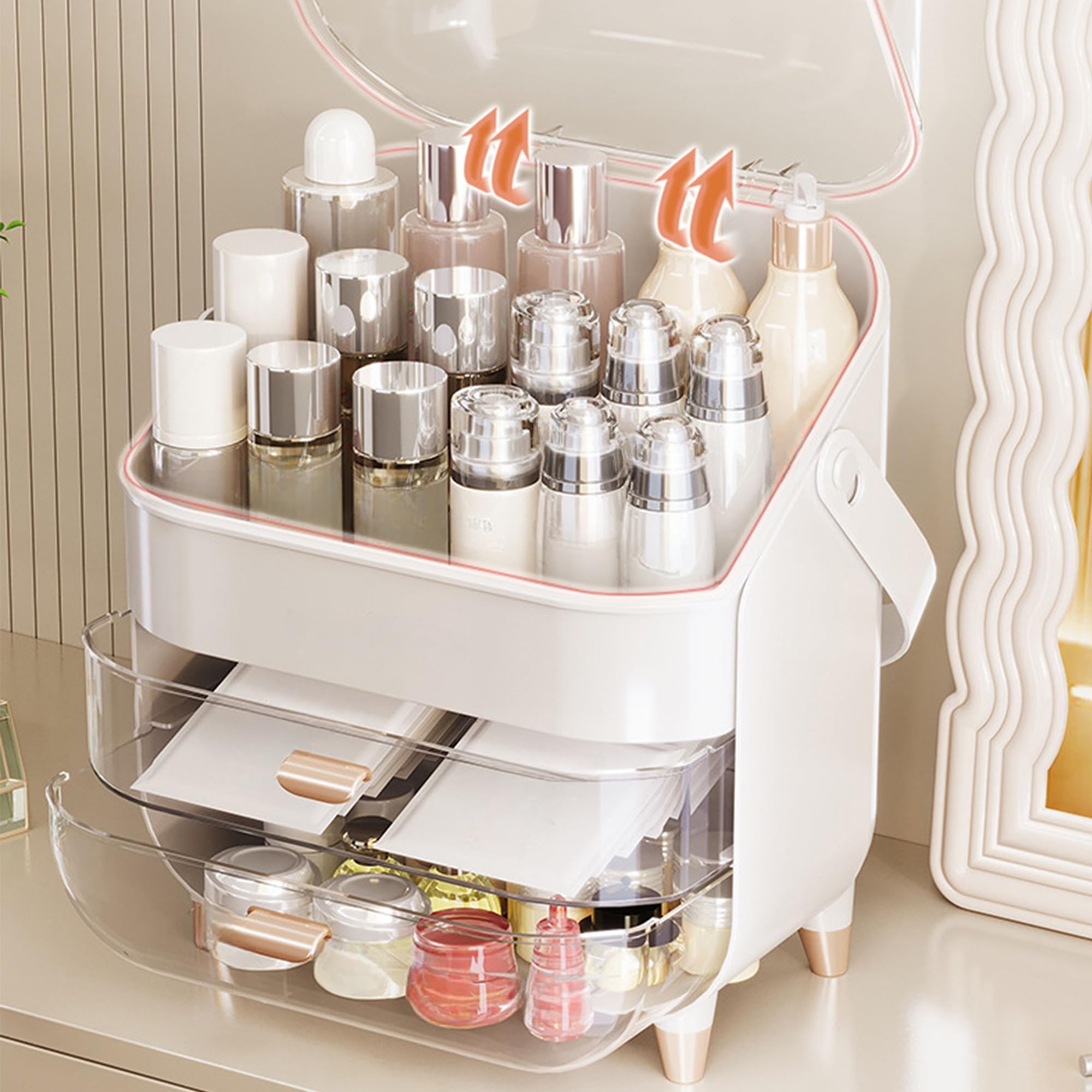 Porta Trucchi Organizer Trucco Elegante Skincare Organizer Bagno con Cassetti Makeup Contenitore Organizzatori Cosmetici con Maniglie per Pennelli Cura Della Pelle Articolo Prodotti Bellezza