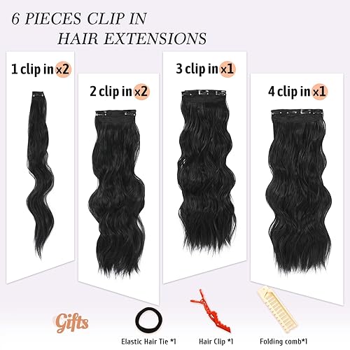 Miniatura 3 de NAYOO Extensiones de cabello con clip, de 20 pulgadas, largo, ondulado, rizado, negro natural, extensiones de cabello sintético de cabeza completa