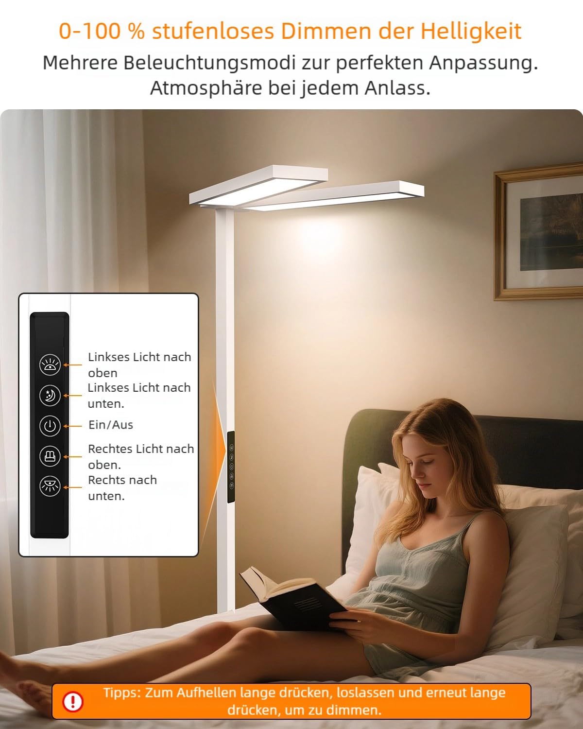 SOLLA Augenpflege Einstellbarer Kopf LED Stehlampe Büro Tageslicht, Bürolampe Stehlampe Uplight und Downlight, 80W+40W-UGR≤16,Geeignet fürBüros, Bibliotheken, Kinderzimmer, Konferenzräume-Weiß