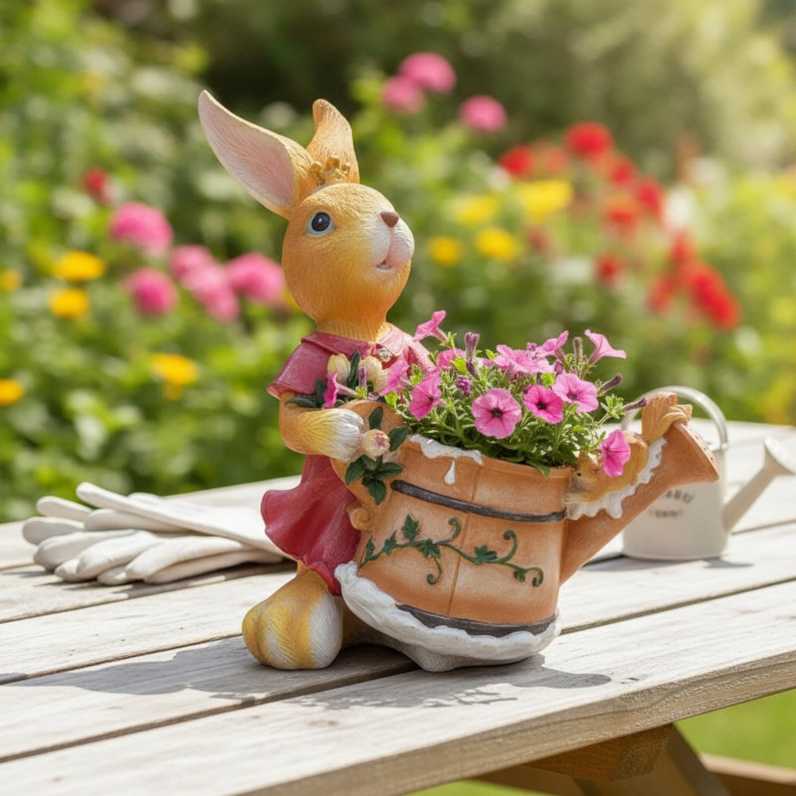 Hase mit Korb Stabil Kaninchenfigur Osthase für Fans, Gartenliebhab, Hase Mit Gießkanne Und Blumen