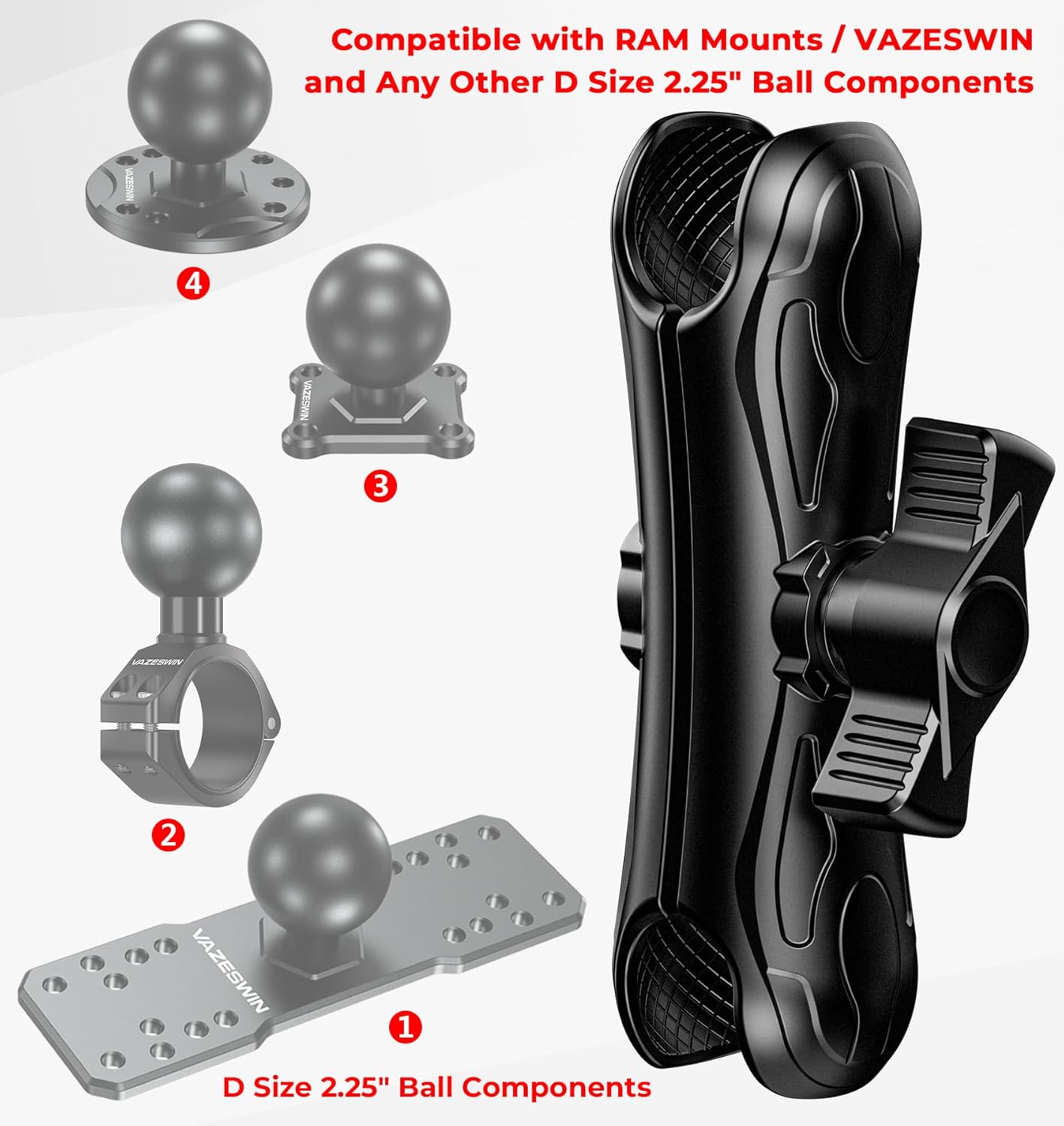 2.25" Ball Large Double Socket Arm, 8.44" Length Aluminum Alloy Heavy-Duty Medium Arm, Compatible with RAM Mounts D Size 2.25" Ball Components, for Fish Finder Mount, Marine Electronic Mount