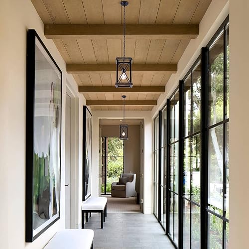 Miniatura 3 de VILUXY Vintage Pendant Light, Classic Single Light Hanging Pendant Lighting, Black Metal Cage and Wood Shade, for Farmhouse, Entryway, Dining Room,