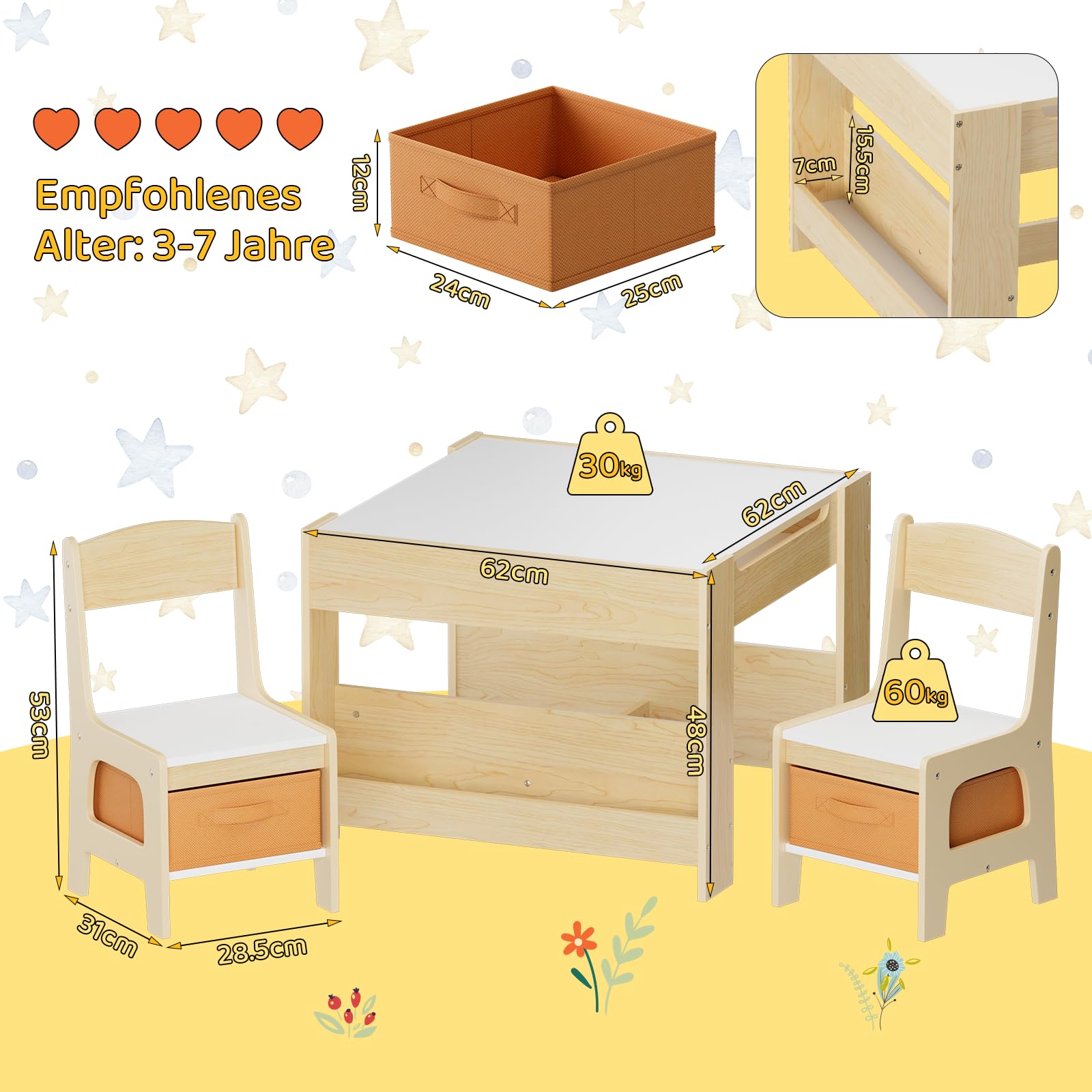 Clevich Kindersitzgruppe Holz mit Stauraum, Kindertisch mit 2 Stühlen, Holz | Tisch & Stühle Set mit Bücherregalen, Kinder Maltisch & Basteltisch, für Kinderzimmer, Spielzimmer, Kindermöbel ab 3 Jahren