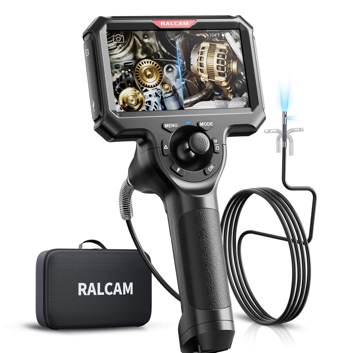 Ralcam Dual Lens 360° Articulating Borescope 5 Inch, 4-Way 180° Endoscope Camera with Light, 6.5mm Slim Probe, 5FT Semi-Rigid Snake Camera for Automotive HVAC Pipe Inspection