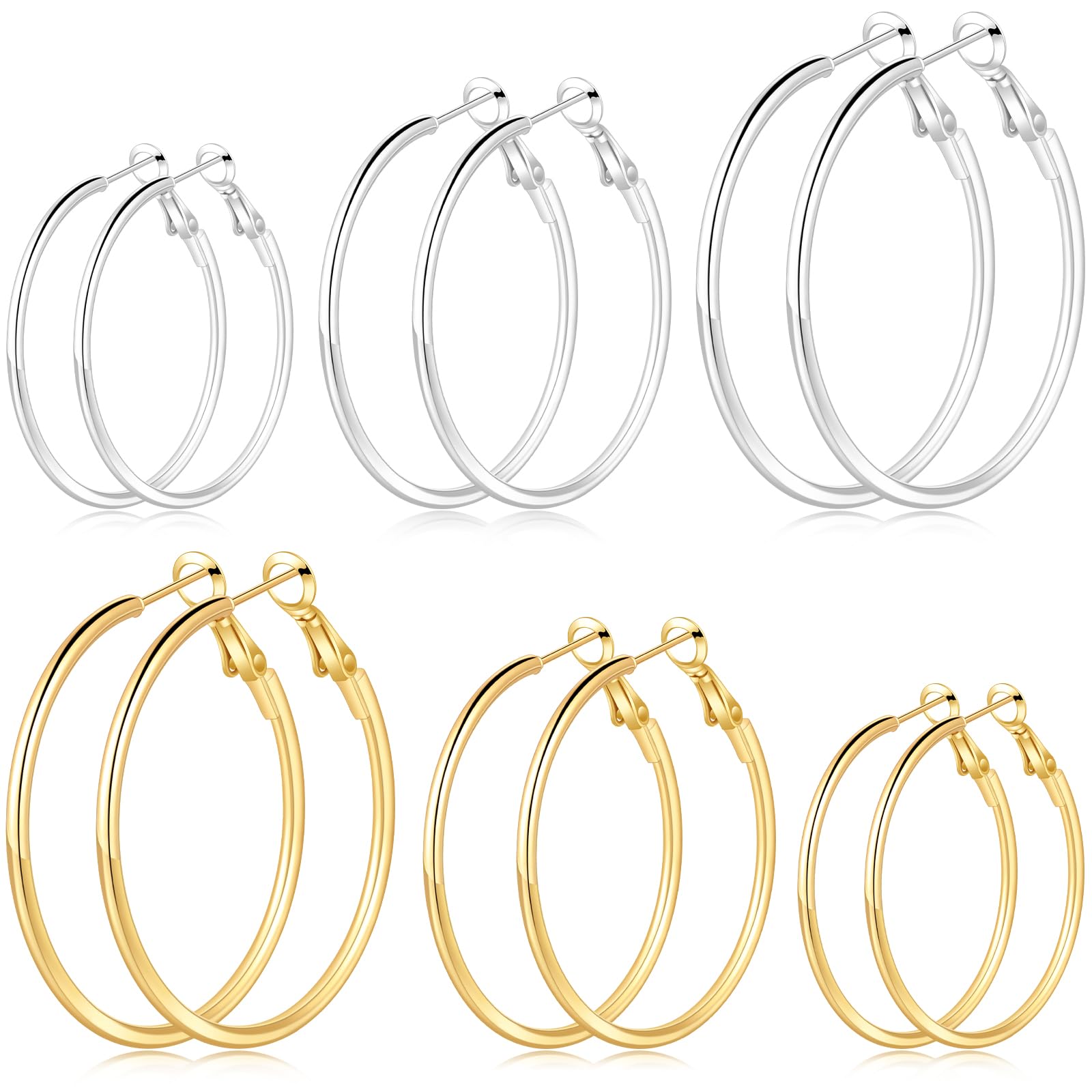 4/6 Pairs Gold Silver Hoop Earrings for Women 14K Gold Plated Hypoallergenic 2mm Thin Hoops Stainless Steel Lightweight Dangle Set 30/40/50/60mm