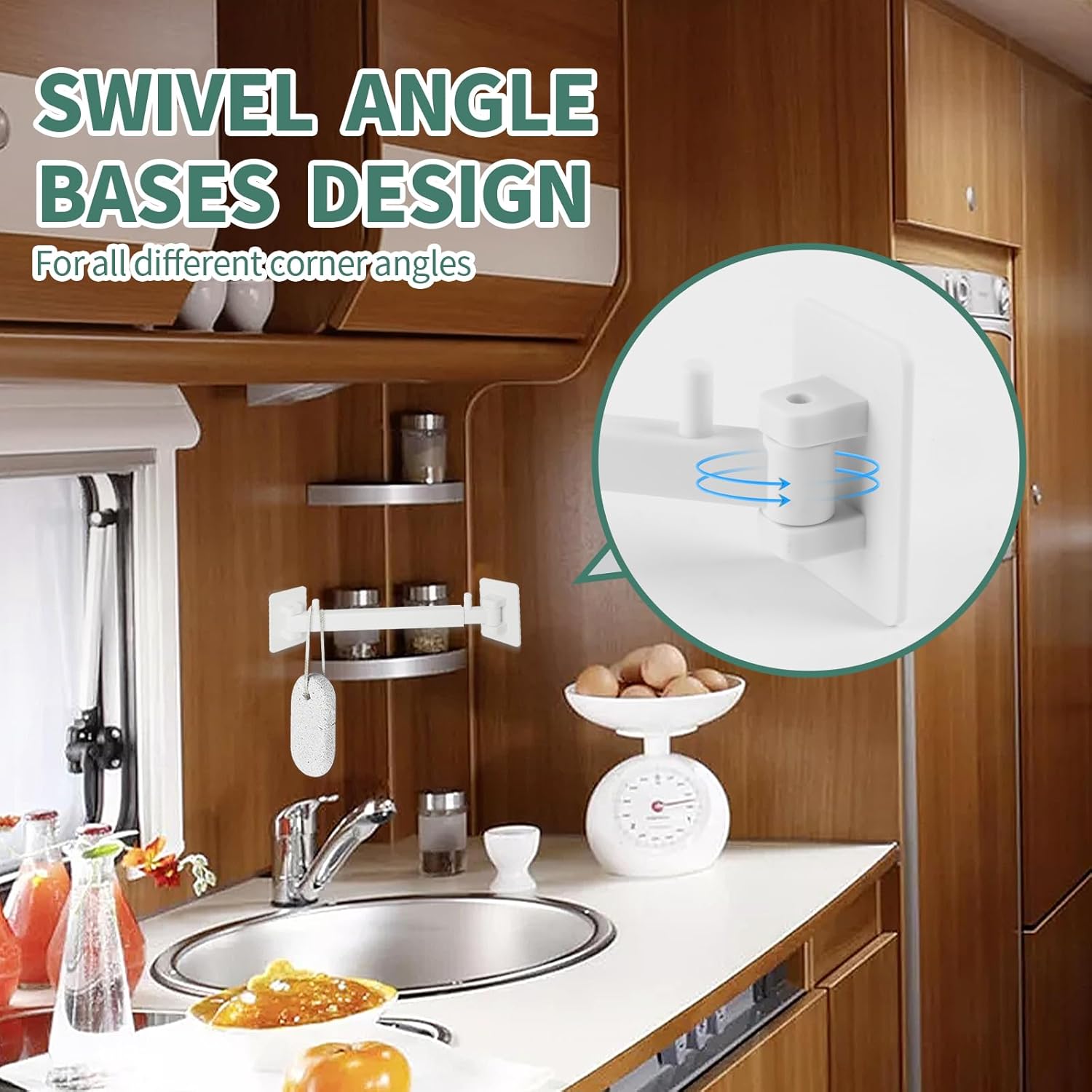 RV Shower Corner Storage Bar Kit - Adjustable Rod, White Base Frame for RV Bathroom Organization (2-Pack)