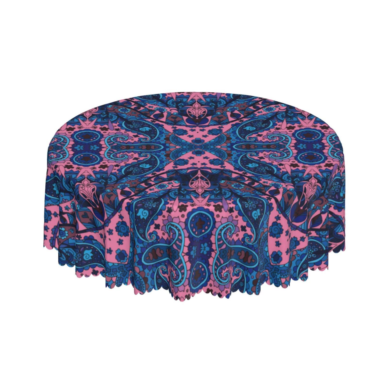 Lsjuee Ethnic Native Tribal Floral Pink Abstract Round Tablecloth 60 Inch Printed Washable Tablecloth for Dining Party Holiday Fall Home Decorative
