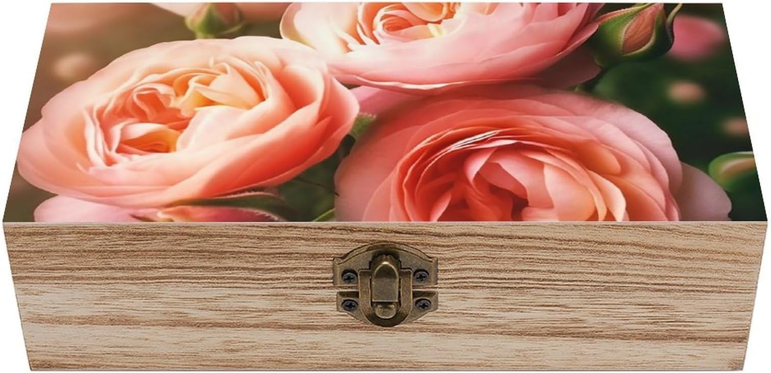 Rose Flowers Wooden Storage Box Jewelry Organizer Box with Hinged Lid Decorative Container Rustic Keepsake Boxes for for Crafts Photos Gifts Home Office Decoration