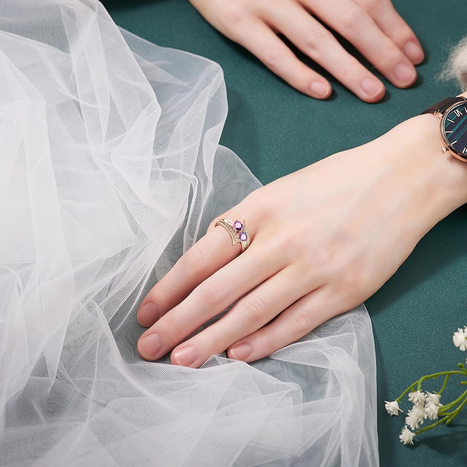 ORFAN Personalized Promise Rings for Her Custom Couples Name Ring for Women Mother Rings with 2 Simulated Birthstones Customized Christmas Gift for Her