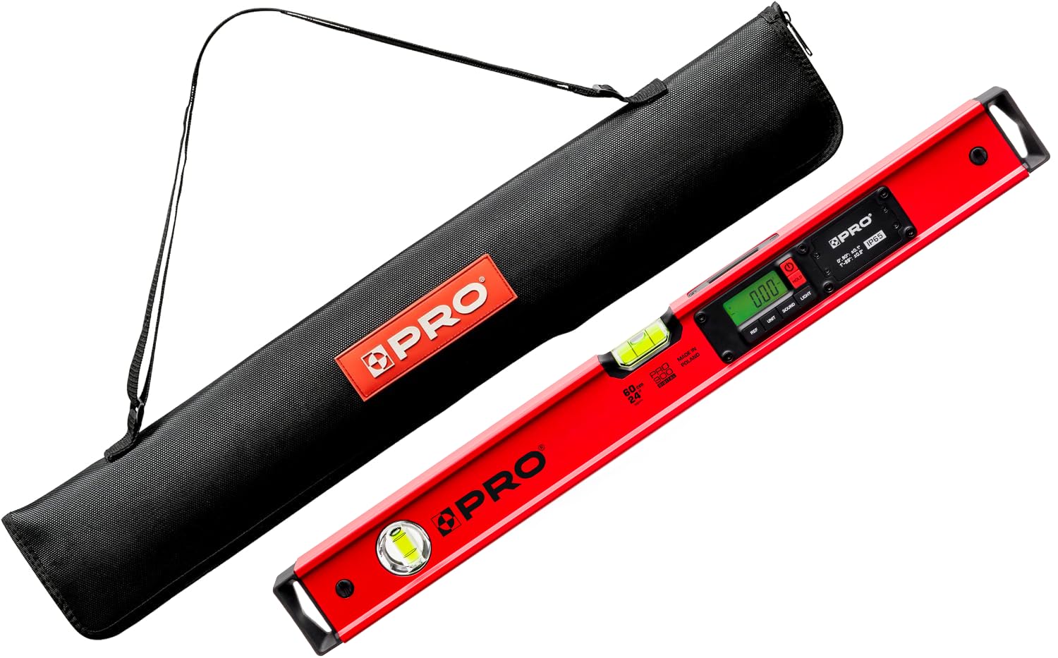 PRO900 Digital Level 24-inch(60cm) with 2 LCD Screens and Carrying Bag included - 19 Measurements Memory Space - IP65 Rating - Elastomer Caps with High Energy Absorption