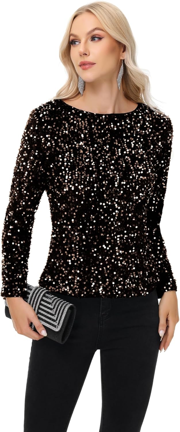 Anna-Kaci Women's Sequin Tops Sparkly Long Sleeve Glitter Evening Party Concert Shirt Blouse - Image 4
