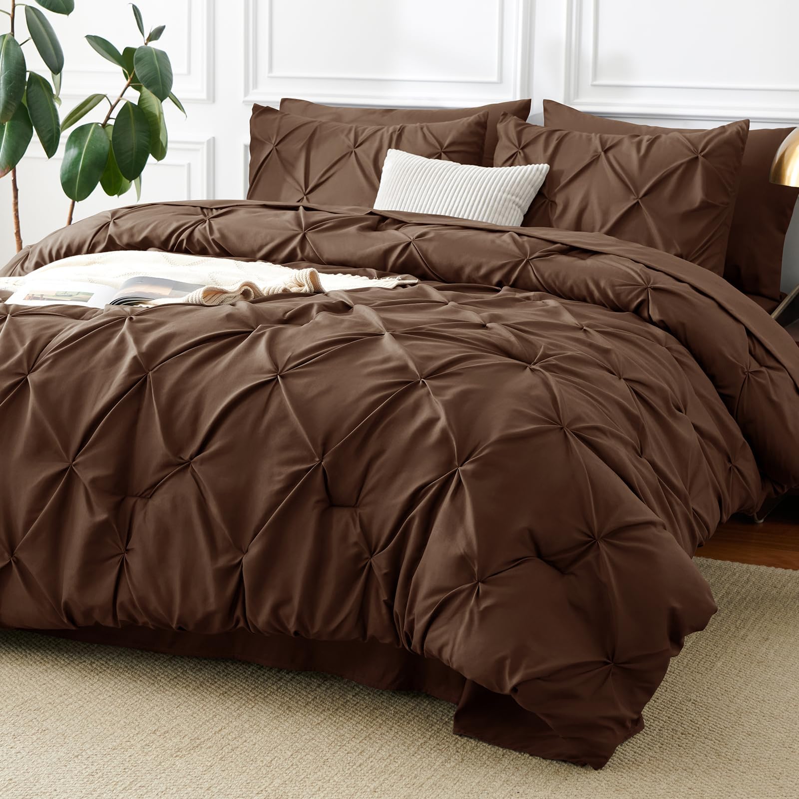 CozyLux King Size Comforter Set Brown, 7 Pieces Pintuck Bed in A Bag, All Season Comforter King Size, Bed Set Gift for Family, Pinch Pleat Bedding Set with Comforter, Sheets, Pillowcases & Shams