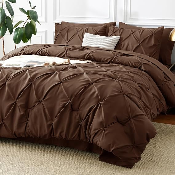CozyLux Queen Comforter Set Brown, 7 Pieces Pintuck Bed in a Bag
