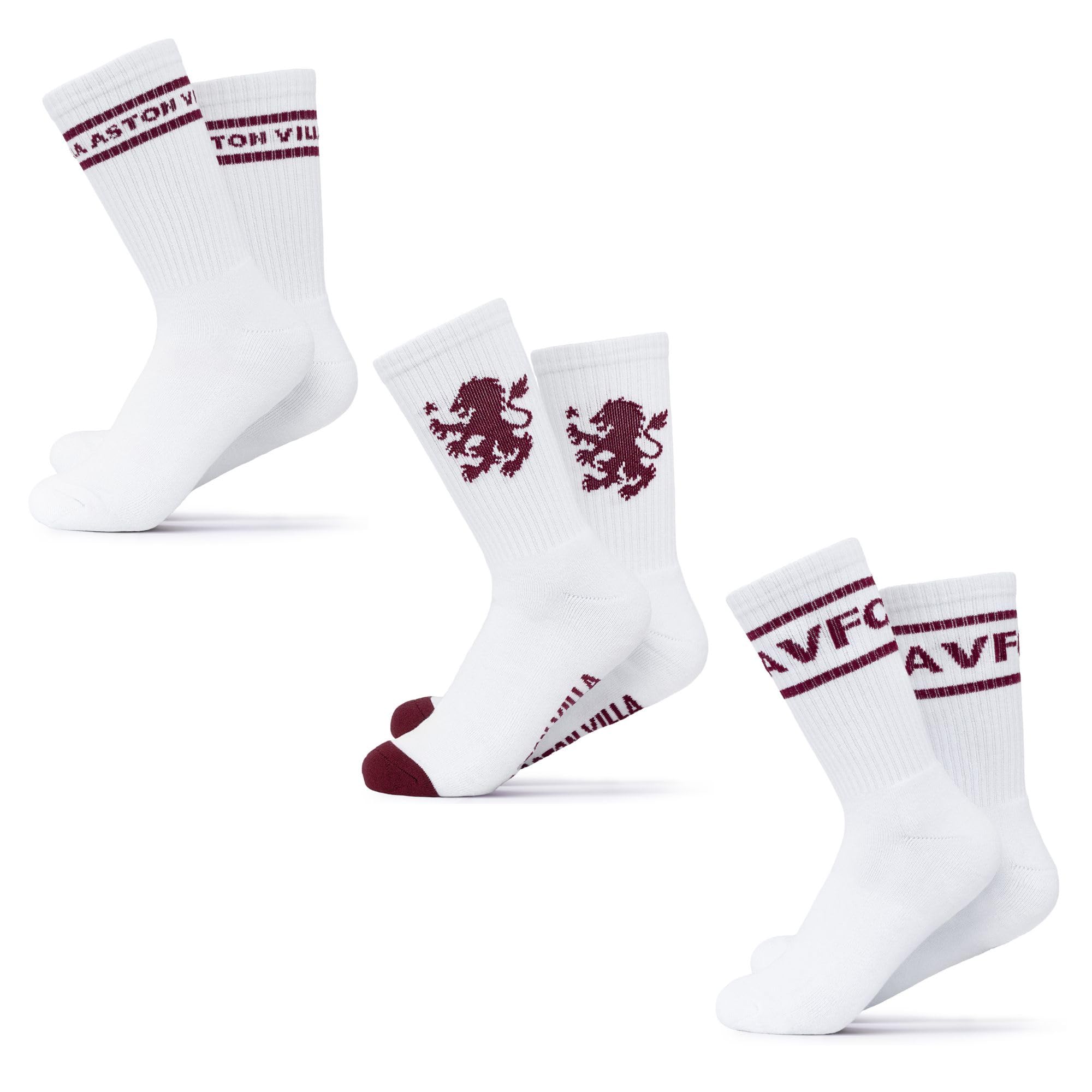 Aston Villa FC Mens 3 Pack Crew Sports Socks, White Officially Licensed AVFC Crest Football Gift, Size UK 7-11