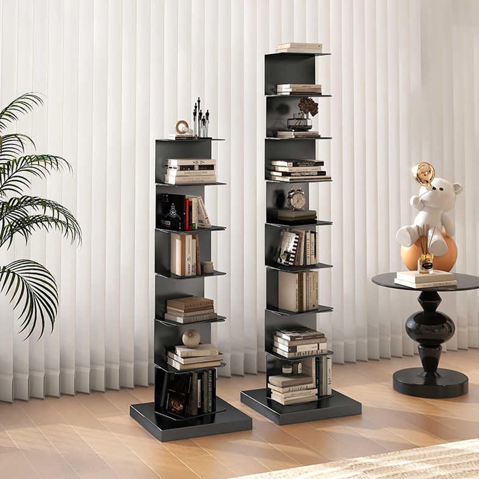 Libreria a Torre con Colonna Verticale in Metallo, 5 Ripiani, Stretta, a Scala, per Piccoli spazi, espositiva, scaffale Bianco per Ufficio Domestico