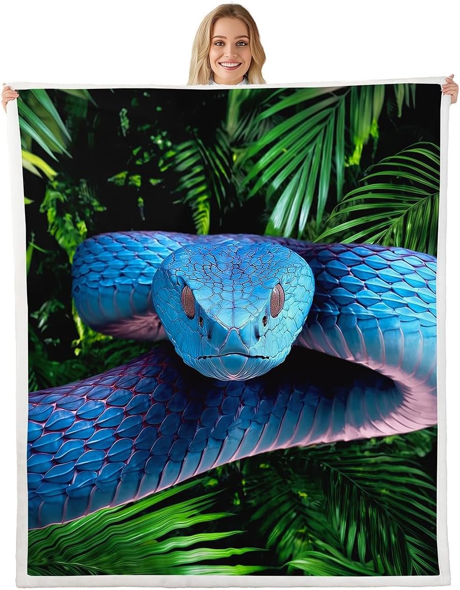 Erosebridal Snake Flannel Blanket, Blue Snake Sherpa Blanket, 3D Reptile Warm Plush Blanket, Blue Scales Throw Blanket, Palm Leaf Wild Animal Stylish Bed Blanket for Kids Boys Teens Man Twin 60"x80"
