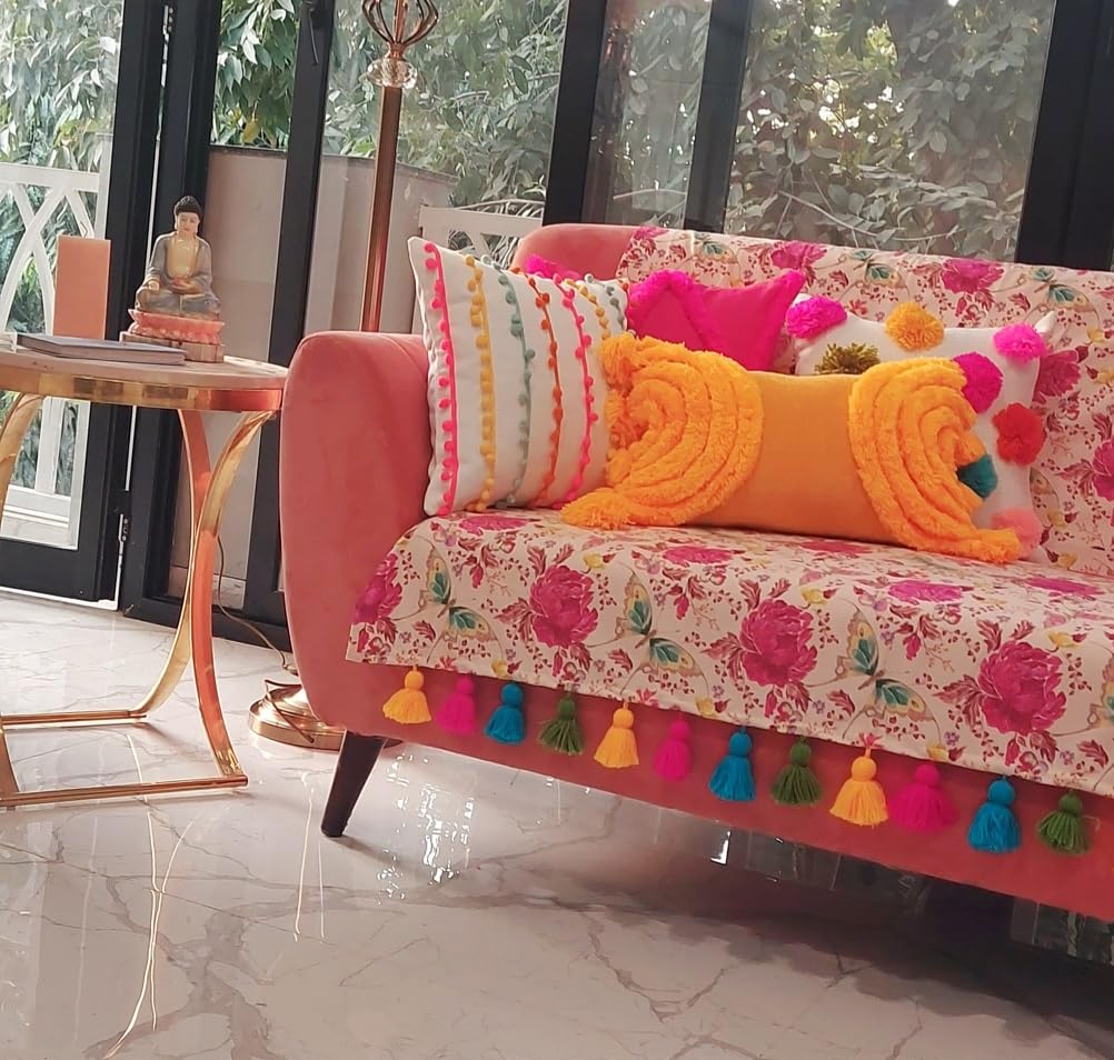 WWW.THROWPILLOW.IN Pink Floral Pattern with Multicoloured Tassels Three Seater Anti-Slip Tassel Sofa Cover 3 Seater- Heavy-Duty, Scratch-Resistant-Sofa Seat Cover 3 Seater Diwali Festive Decor-image-28