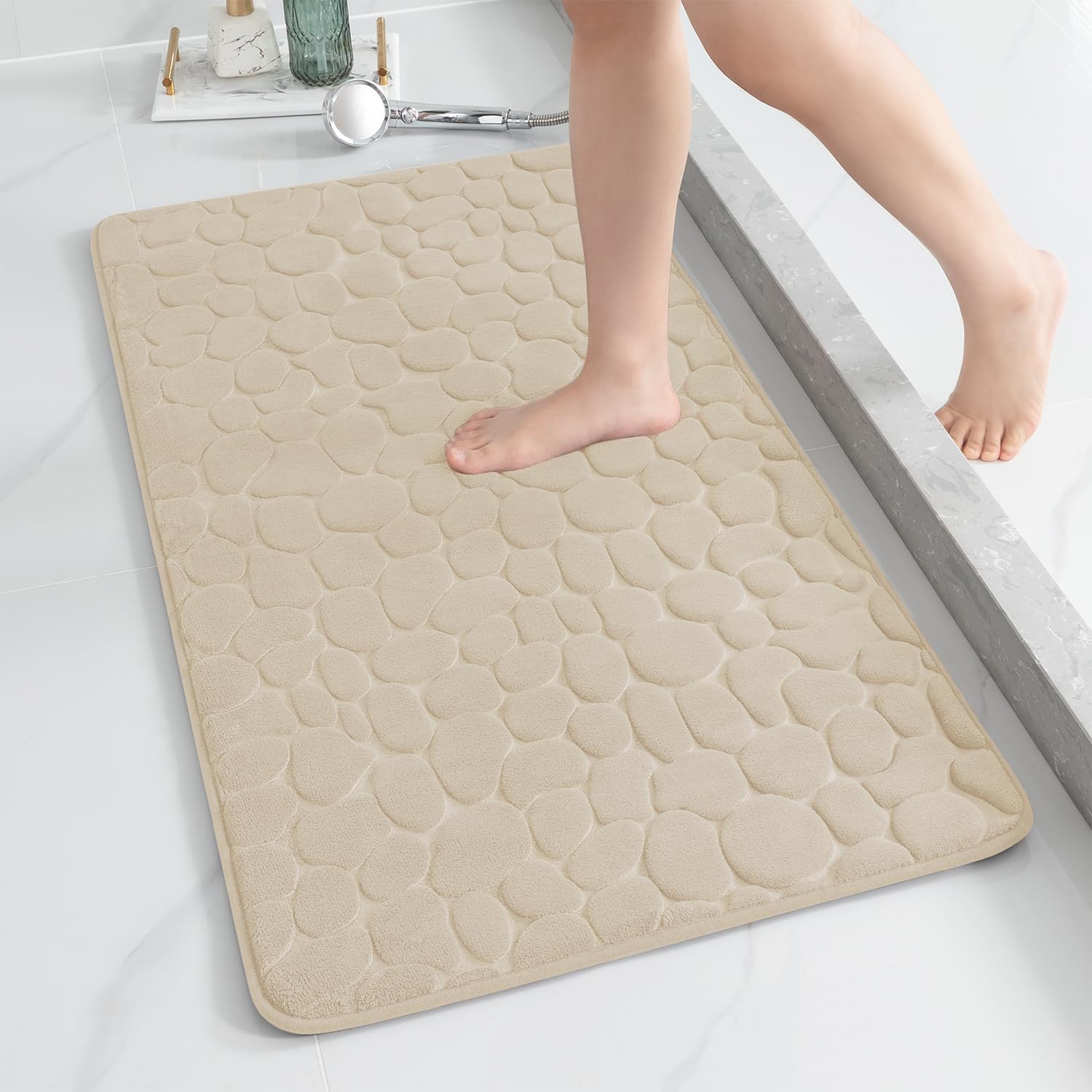 YIHOUSE Memory Foam Runner Rug, Cobblestone Bathroom Runner Rugs Super Water Absorbent Bath Mats for Bathroom Machine Washable Bath Rugs for Hallway