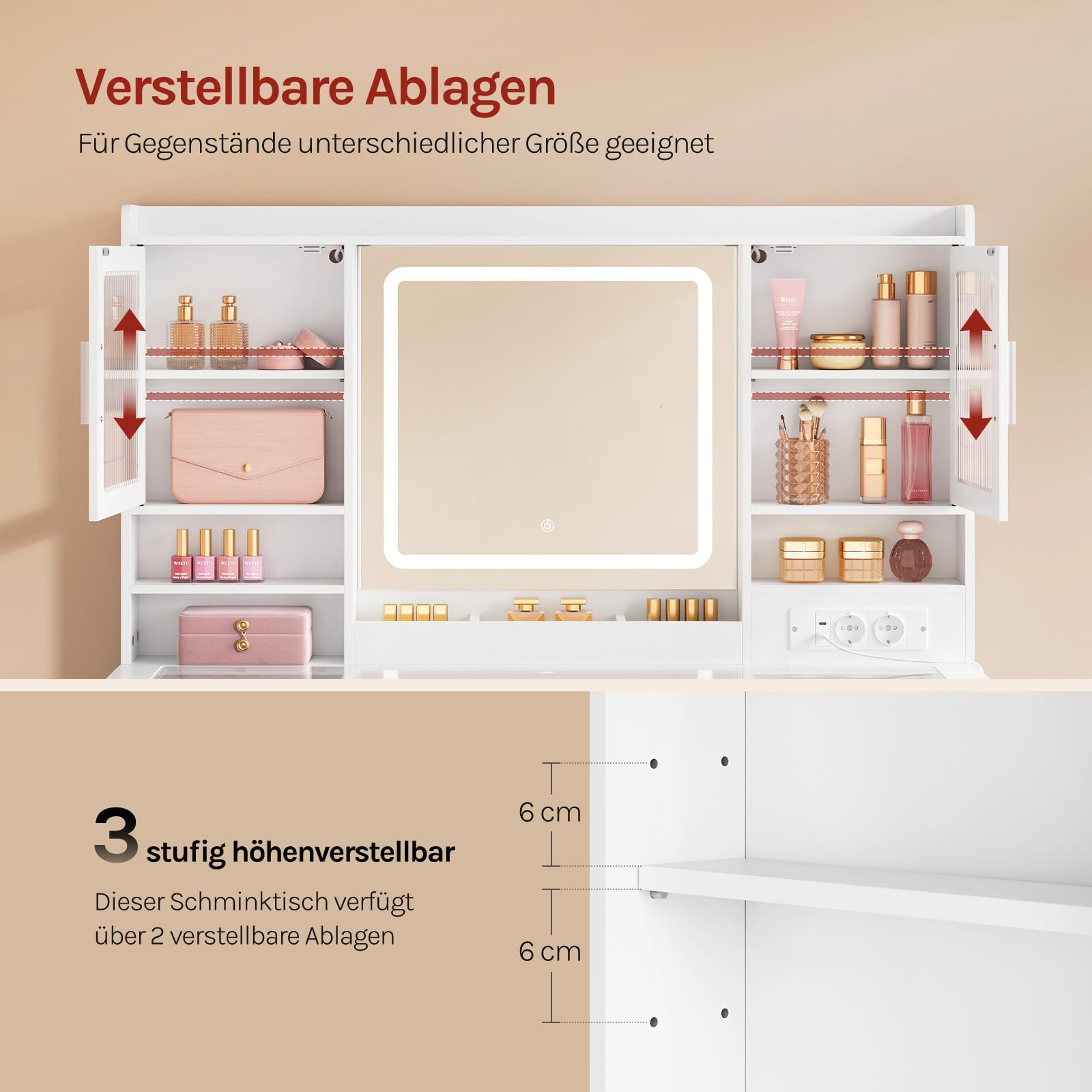 WOLTU Schminktisch mit RGB- und LED-Beleuchtung, großer Schminktisch mit transparenter Glasplatte, 9 unterteilten Fächern, Steckdose, 9 Schubladen, Spiegel, 2 Schränken, für Schlafzimmer, Weiß
