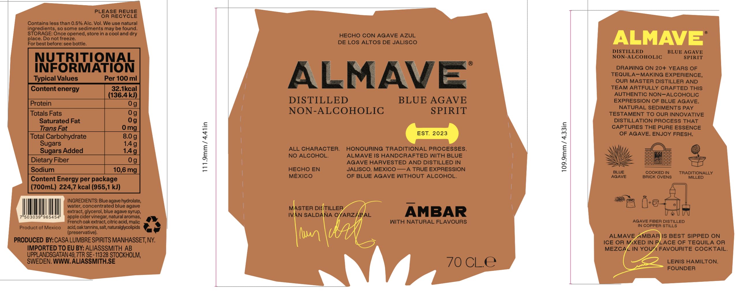 ALMAVE - Ámbar | Spiritueux Sans Alcool à Base d’Agave Bleu du Mexique | Alternative à la Tequila Reposado | Notes de Caramel, Vanille & Bois Grillé | Idéal en Dégustation & Cocktails | 70 cl (Ambar)