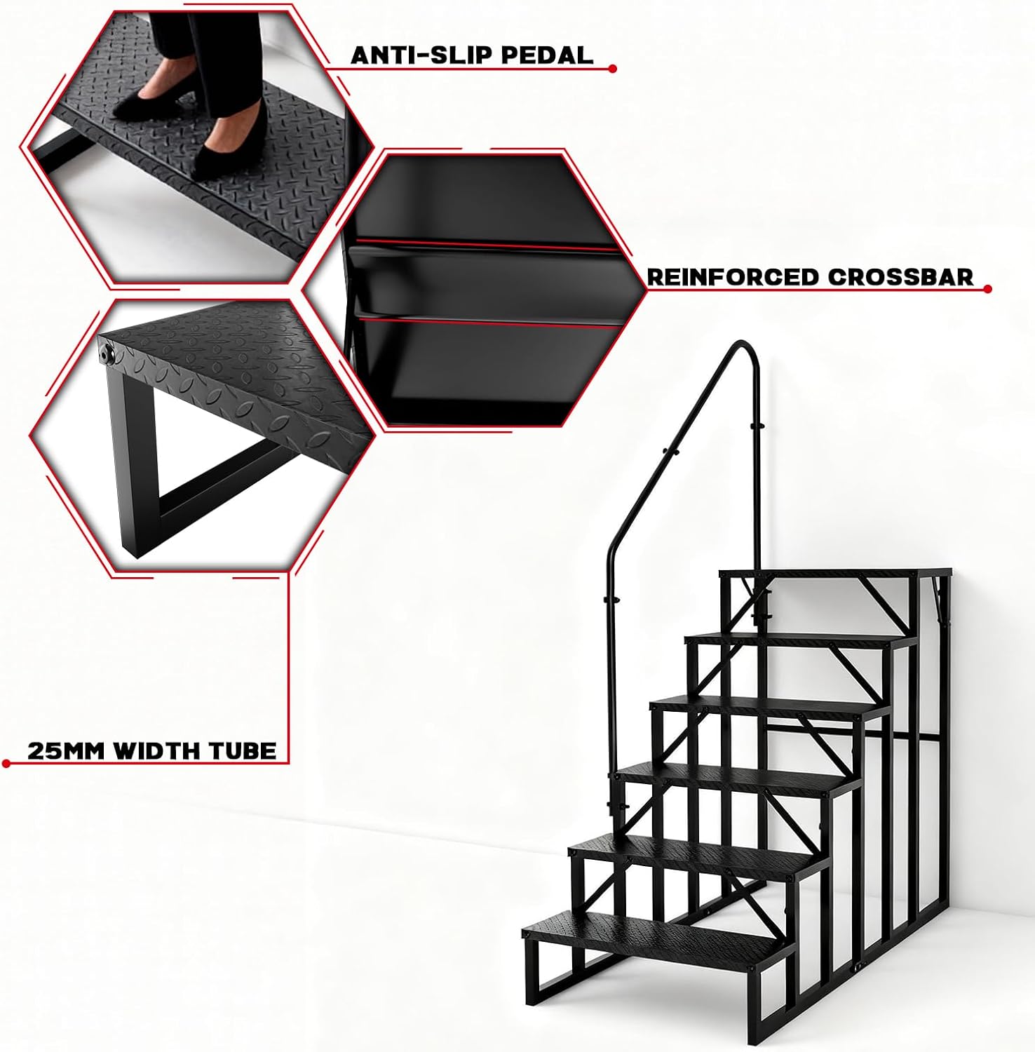 6 Step RV Steps with Handrail, Hot Tub Steps Outdoor, Portable RV Stairs, Heavy Duty Truck Camper Steps Ladders for Travel Trailers, 5th Wheel, Motor Home, Spa, and Porch