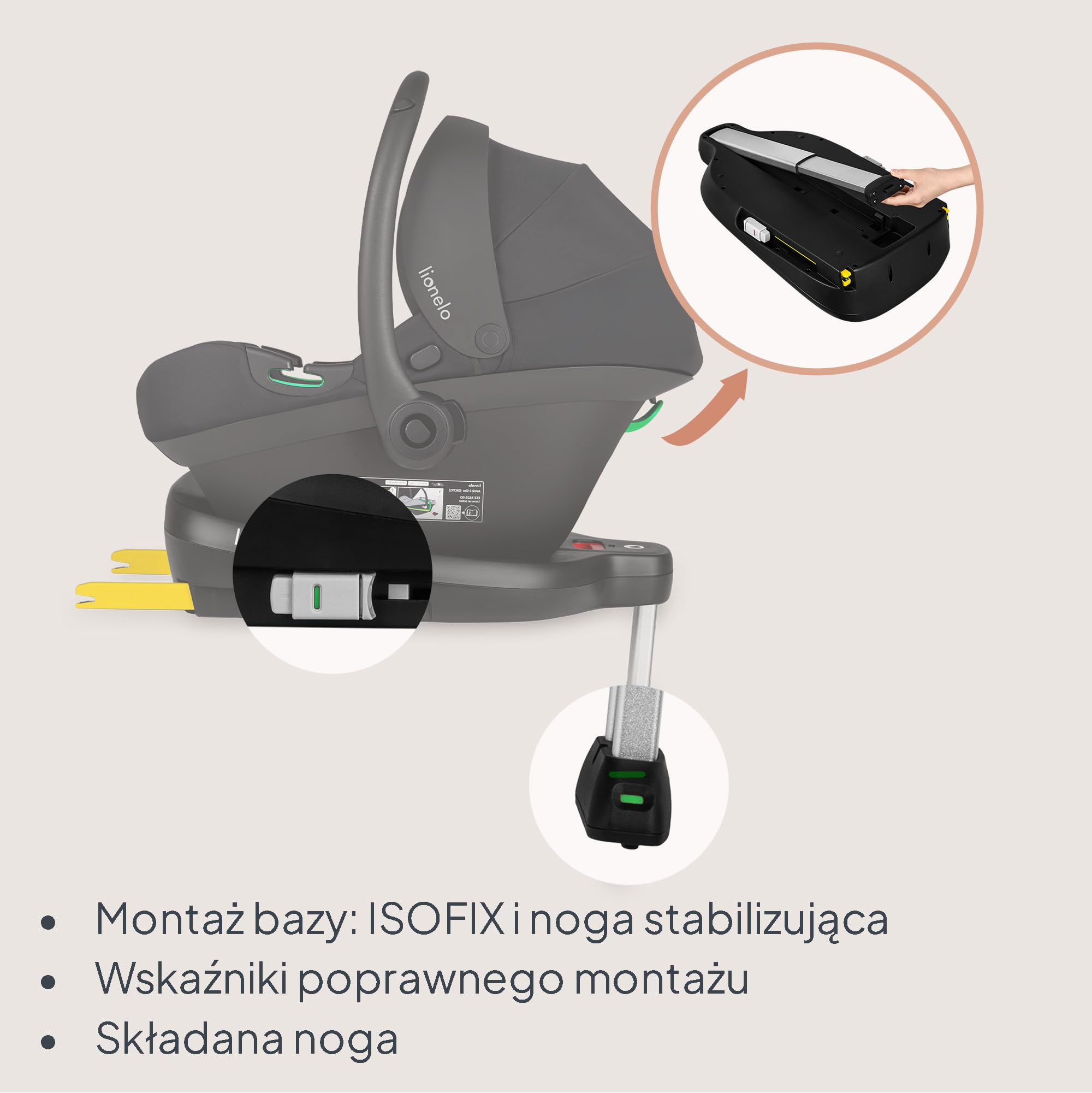 Lionelo Astrid i-Size zestaw fotelika samochodowego 40-87 cm z podstawą ISOFIX i podpórką, R129 i-Size nosidełko dla niemowląt 0+, ADAC 5 Safety, skierowany tyłem do kierunku jazdy, kompatybilny z