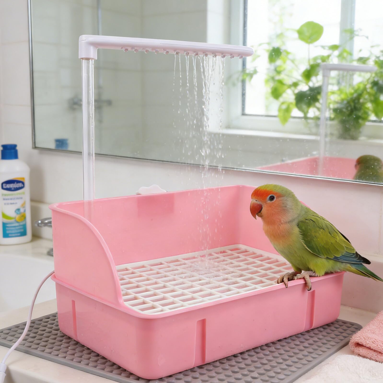 Vasca da Bagno per Uccelli Pappagalli Rosa Funzione di Circolazione e Filtraggio Silenzioso, Box Doccia Multifunzionale per Parrocchetti e Calopsitte, Accessorio per Gabbia