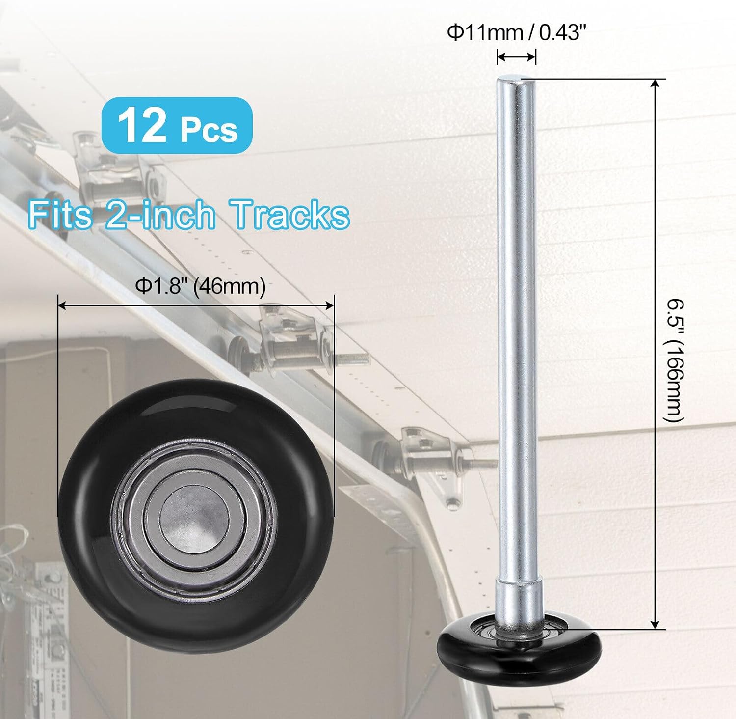 Toolparts And Accessories 12pcs 1.8" Nylon Garage Door Rollers For 2" Garage Track 6.5" Long Stem Black (#CN#130824-04682)