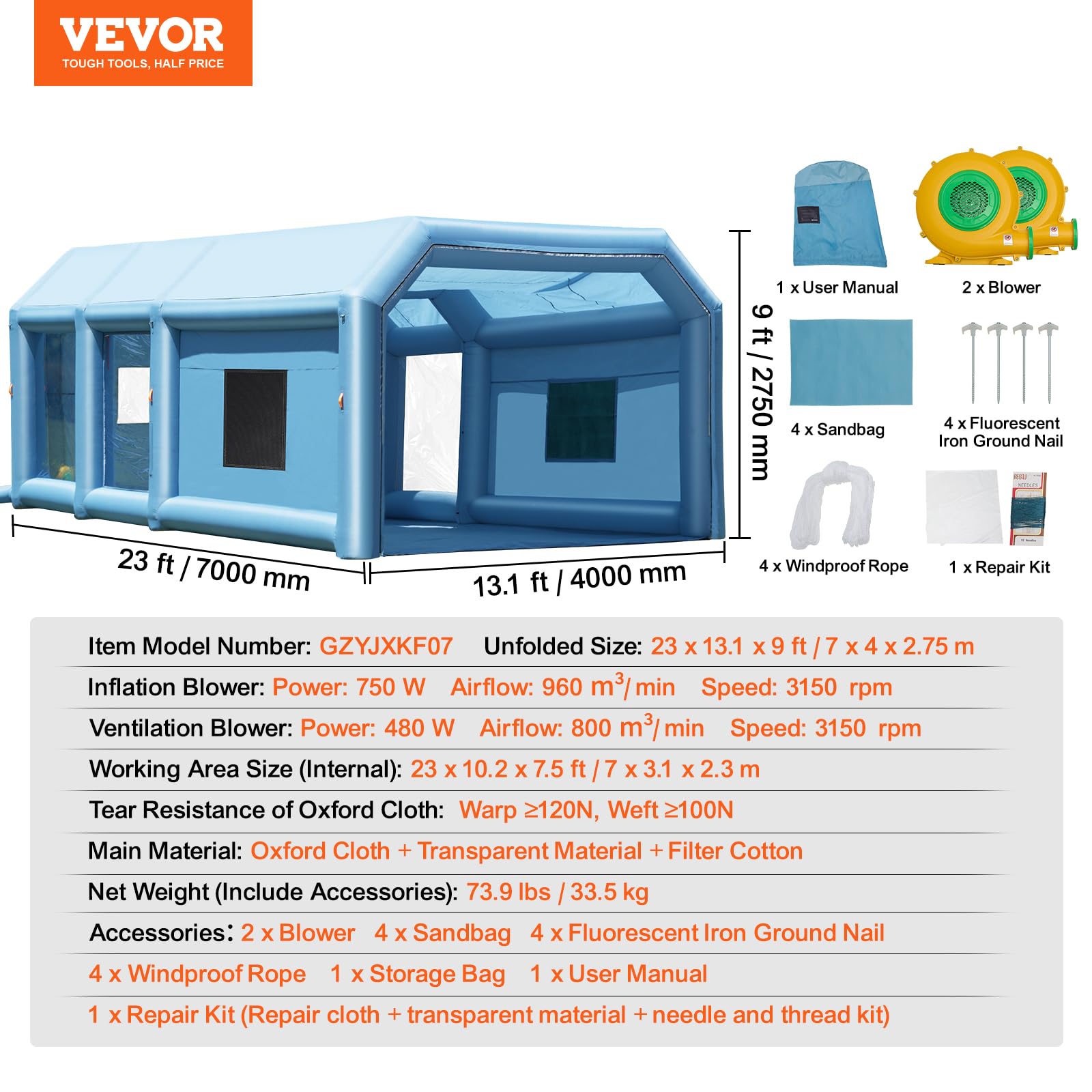 VEVOR Cabine de Peinture Gonflable 7x4x2,75 m, Tente Peinture Gonflable Automobile avec Souffleurs Puissants 750 W + 480 W et Système de Filtration, Station de Travail pour Pose de Peinture Atelier