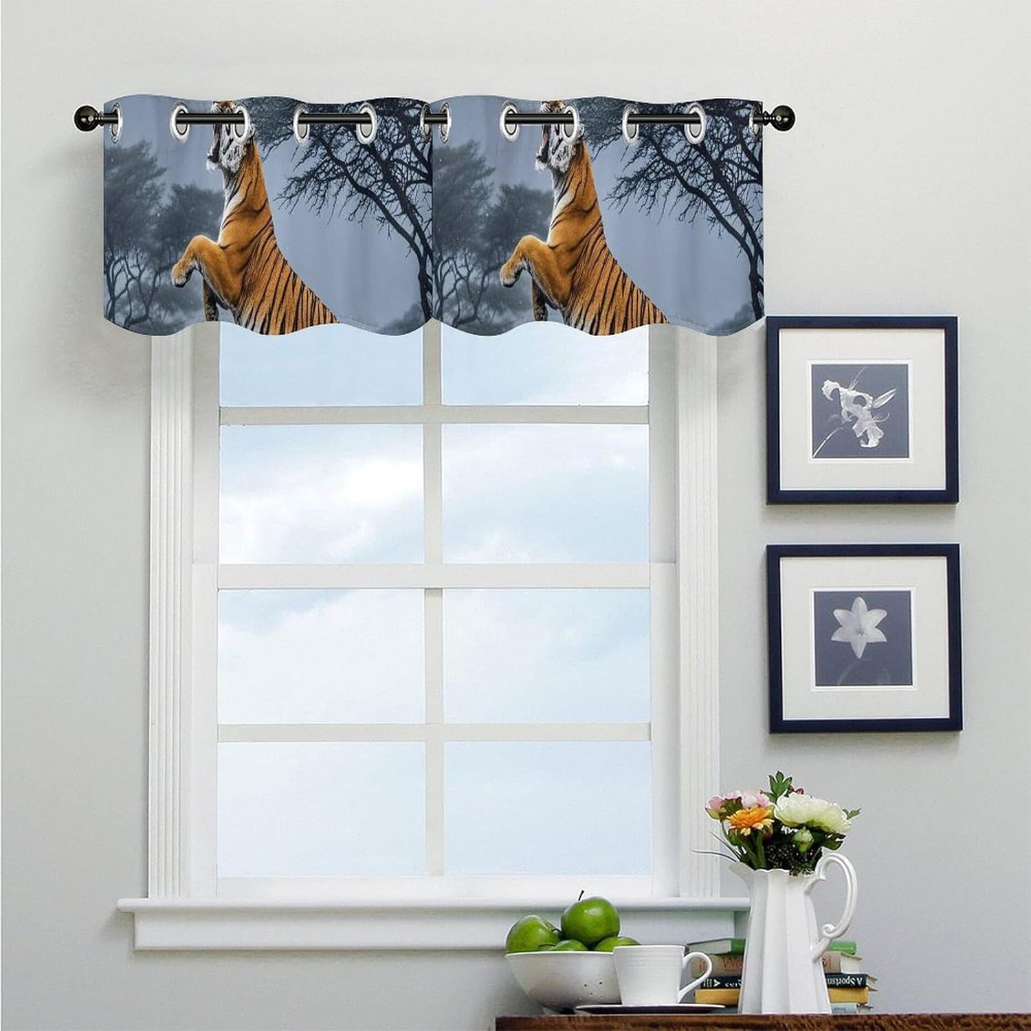 Tiger Moon Valance for Windows, 2 Pack Kitchen Curtains Modern Home Decor, Soft Blackout Window Curtains for Living Room & Bedroom, 18 X 52 Inch