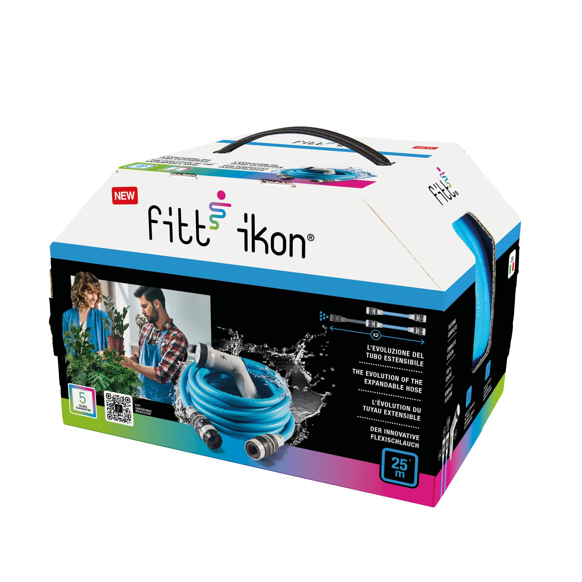 FITT IKON 25 m - Manguera de Agua de Jardín, Extensible, Compacta, Ligera y Lista para usar, con Pistola Multichorro, Azul