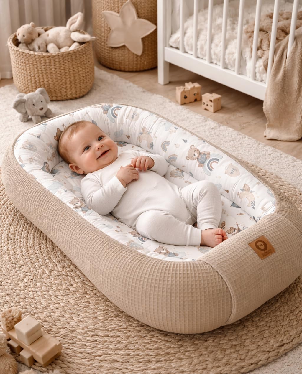 Babynestchen Neugeborene – Nestchen Baby aus Waffel Baumwolle & Baumwollstoff – Babynest für Babybett & Kinderbett – Baby Kokon Tragbar – OEKO-TEX – Zubehör für Babybett - Regenbögen und Braun