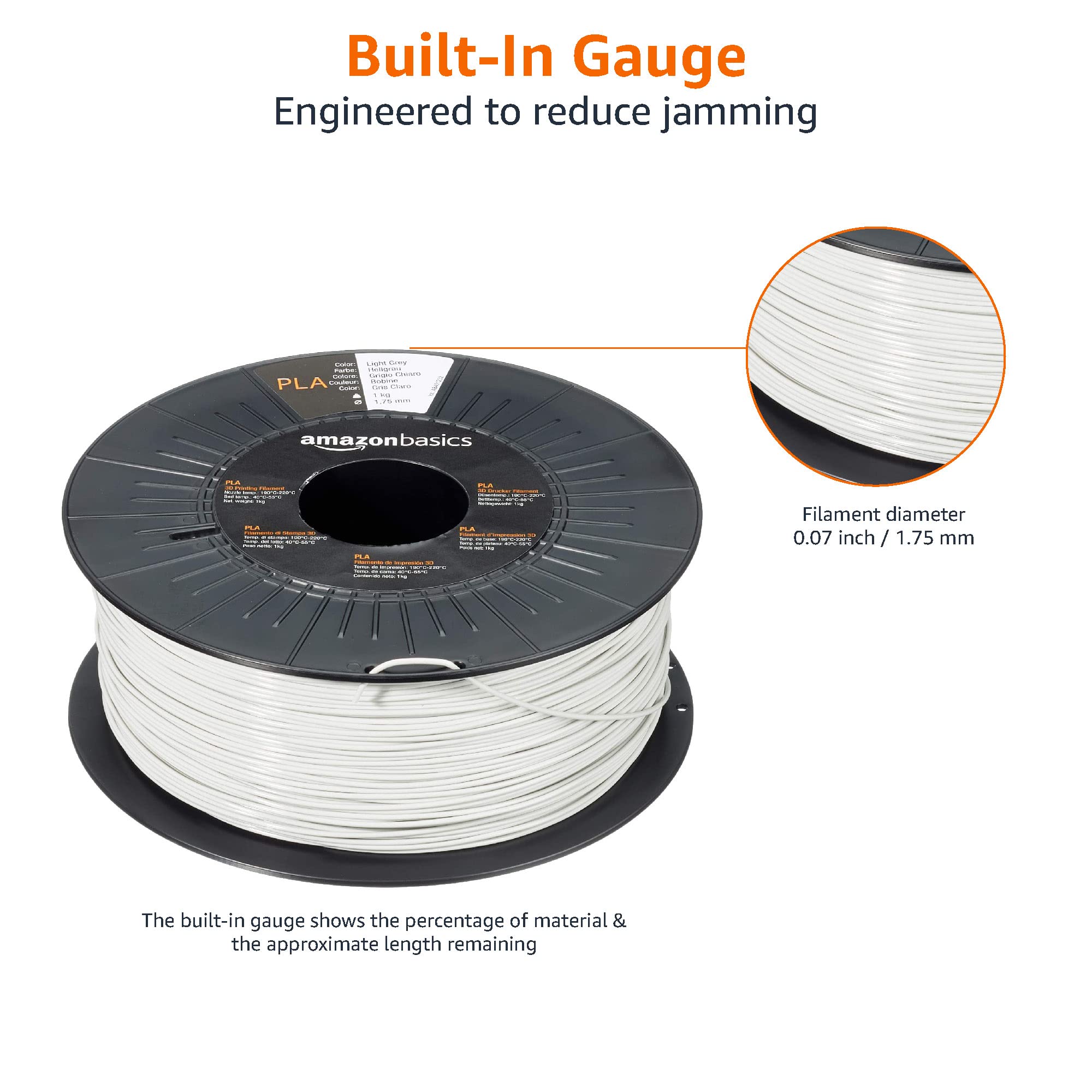 Amazon Basics Filament PLA do drukarki 3D, 1,75 mm, szpula 1 kg, jasnoszary