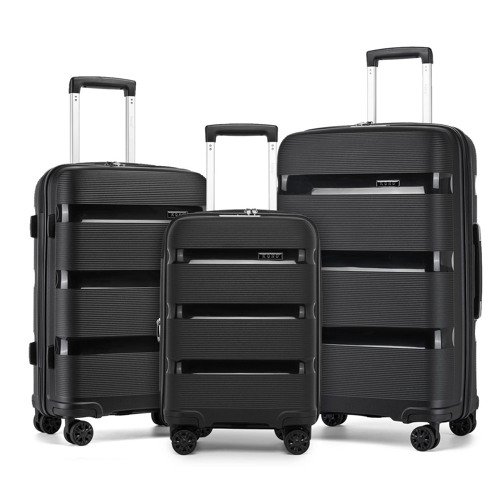 Kono 3 Piece Luggage Set, 20/24/28 Inch Suitcases with TSA Lock, Black