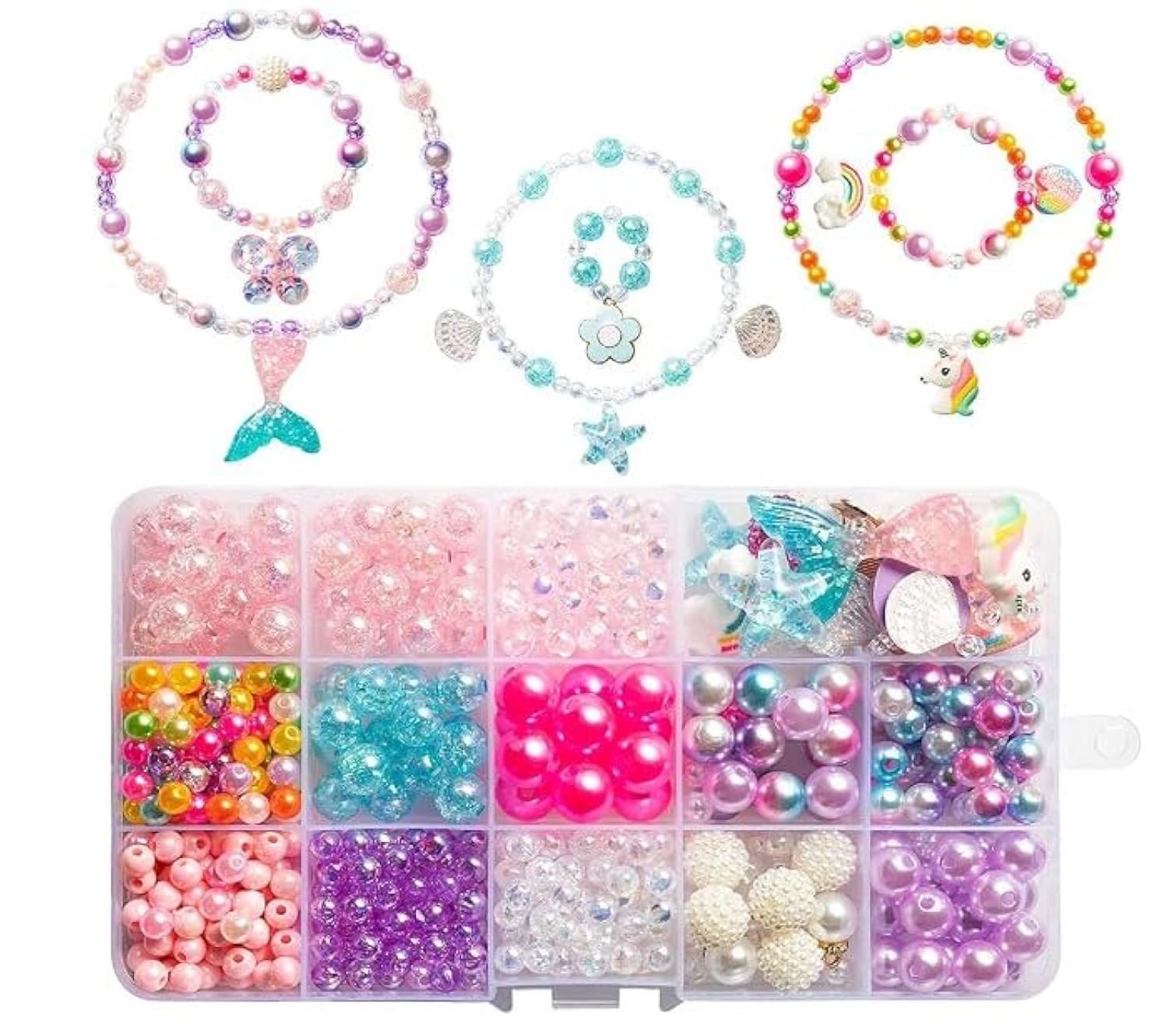 Grab Mantra DIY Pearl Mermaid Starfish Unicorn Beading Kit – Bracelet, Necklace, and Ring Art Craft Kit with Charms for Kids and Adults (Pearl Mermaid 3x5)