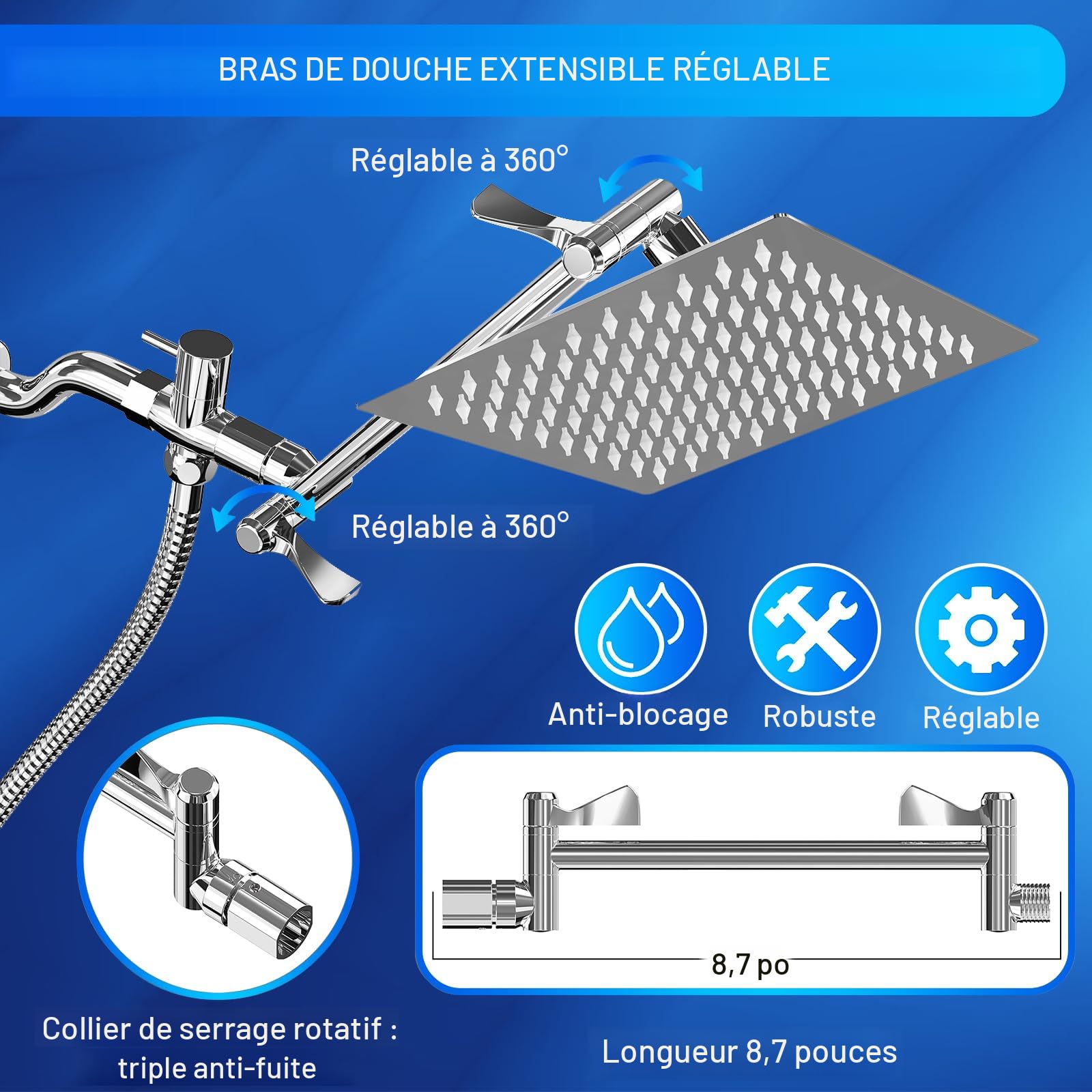 Pommeau De Douche Tudoccy - 20,3 Cm Effet Pluie + Douchette 9 Jets + Bras Extension 27,9 Cm - Chromé Et Noir Mat