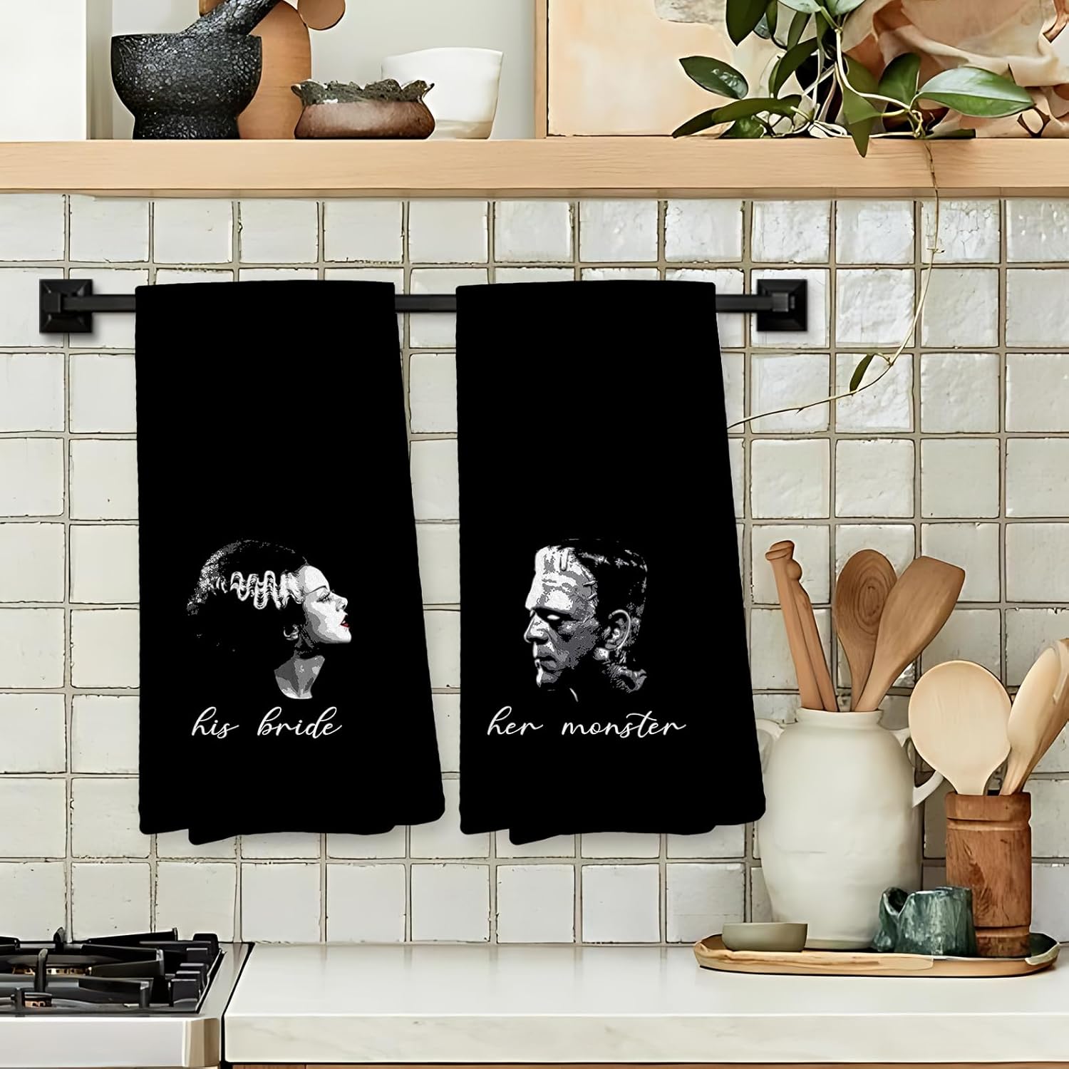 Giosve Frankenstein and Bride Gothic Couple Kitchen Towels, Wedding Gifts for Couples, Dark Academia Horror Monster Movie Hand Towels, Spooky Dish Tea Towels for Home Bar Kitchen, 16x24 Inch - Image 2
