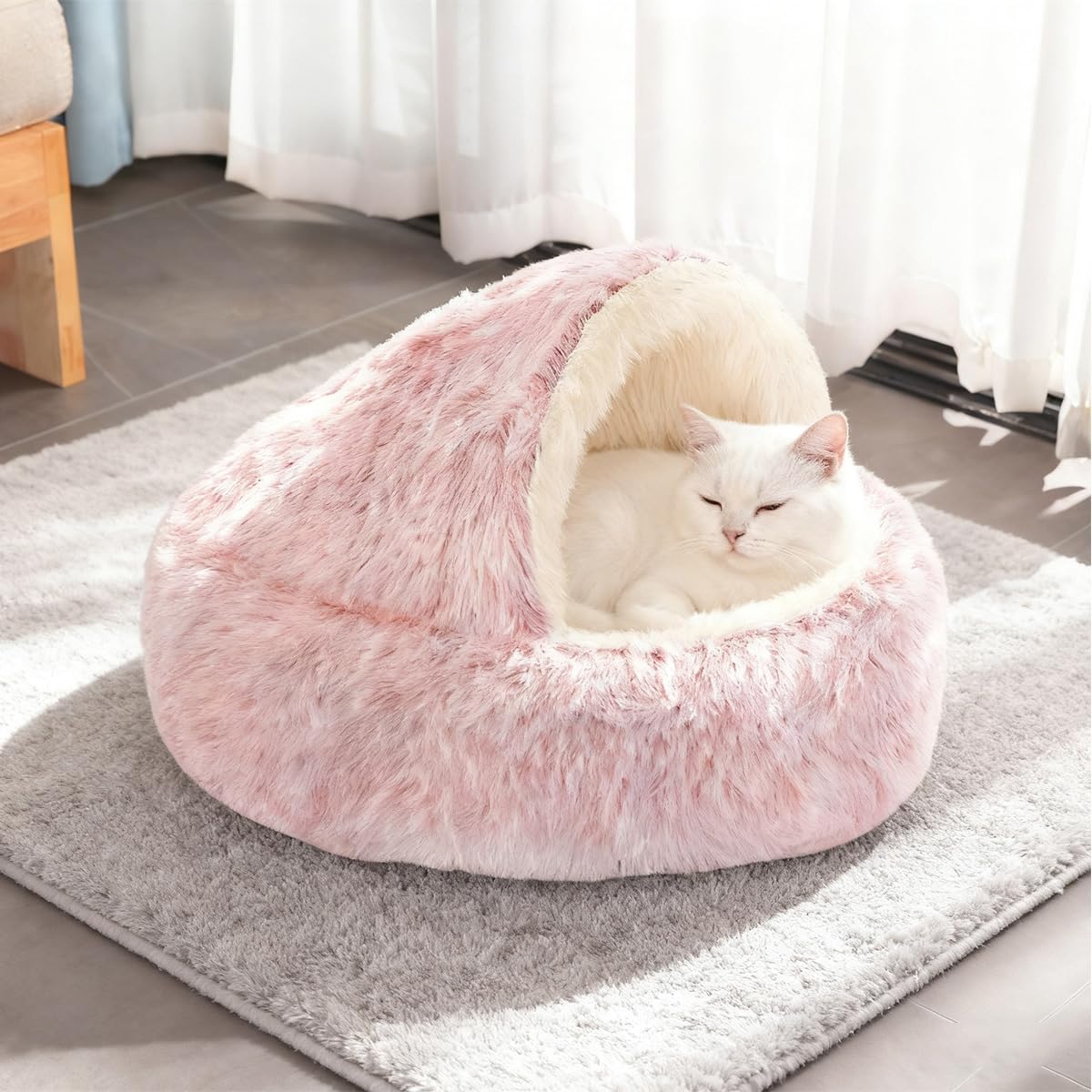 Cat Cave Bed, Calming Dog Bed Fluffy Plush Large Pet House, Warm Medium Kitten Puppy Indoor Tent Igloo, Hooded Semi-closed Washable Small Cats Nest Kennel (Pink,80cm)