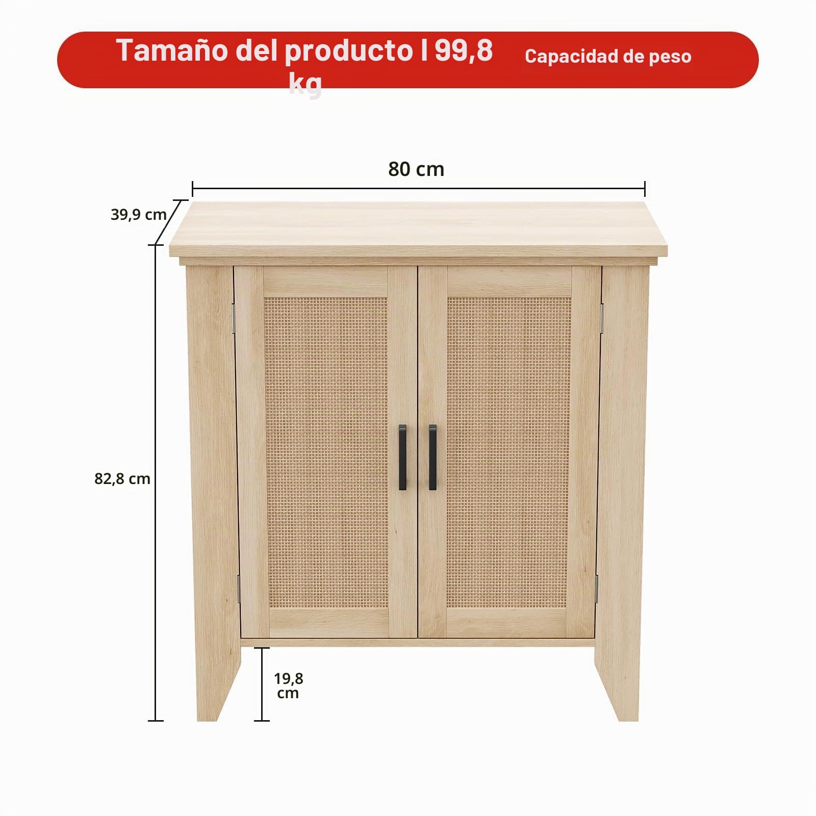 Garvee Aparador De Ratán, Mueble Auxiliar De Cocina Estrecho De Madera con Estante Ajustable, Organizador Rústico para Comedor, Salón y Espacios Pequeños, Madera Natural 80×40×83 cm