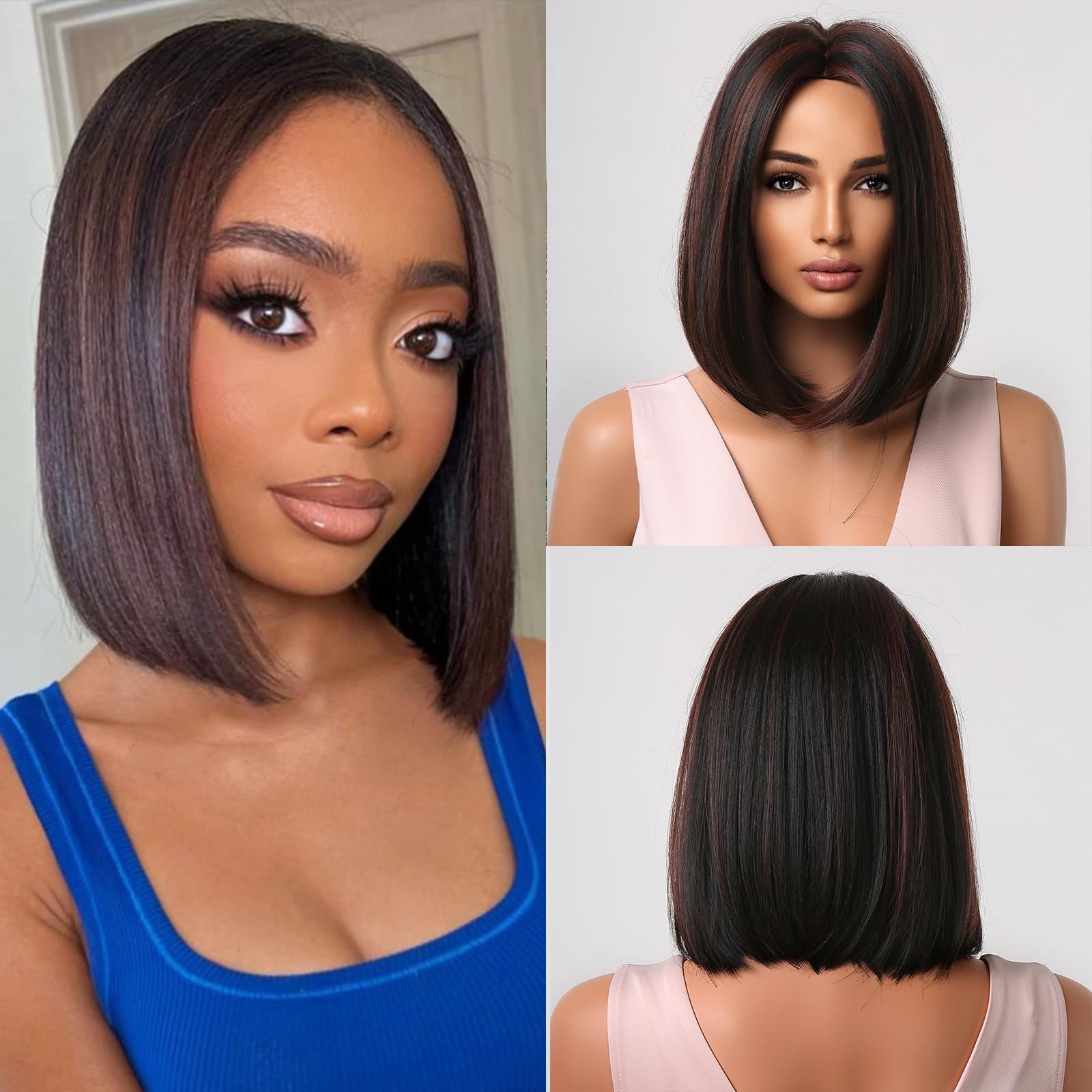 Perruque Courte Carrée Brune Lisse Synthétique - Bonnet Moyen Monofilament, Neuve Avec étiquettes