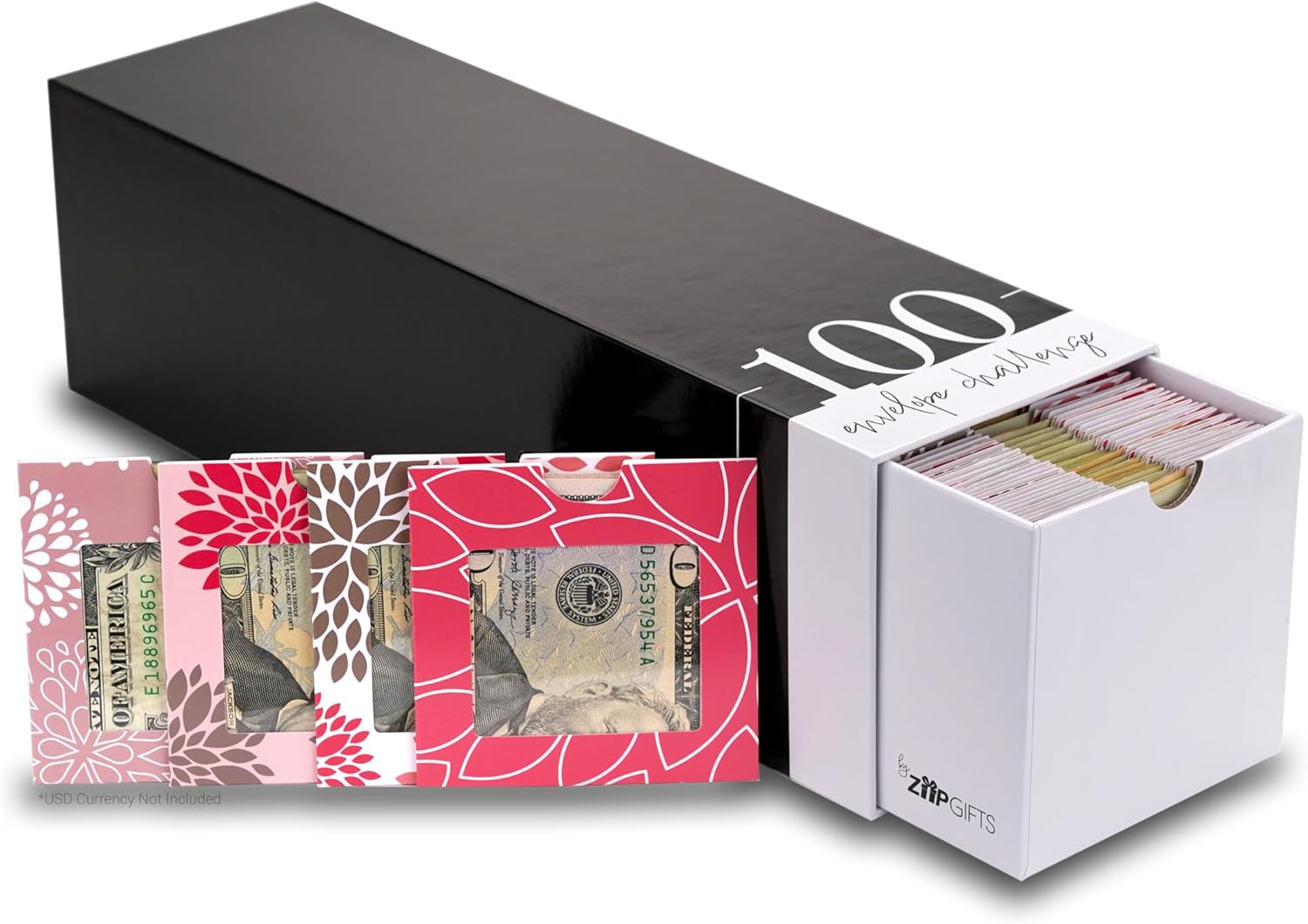 100 Envelope $5,050 Money Saving Challenge Kit | 108 Premium Card Stock Cash Stuffing Envelopes w/Clear Plastic Window, $ Stickers, 3 Goal/Mark-off Sheets, & Drawer Box (Dahlia)