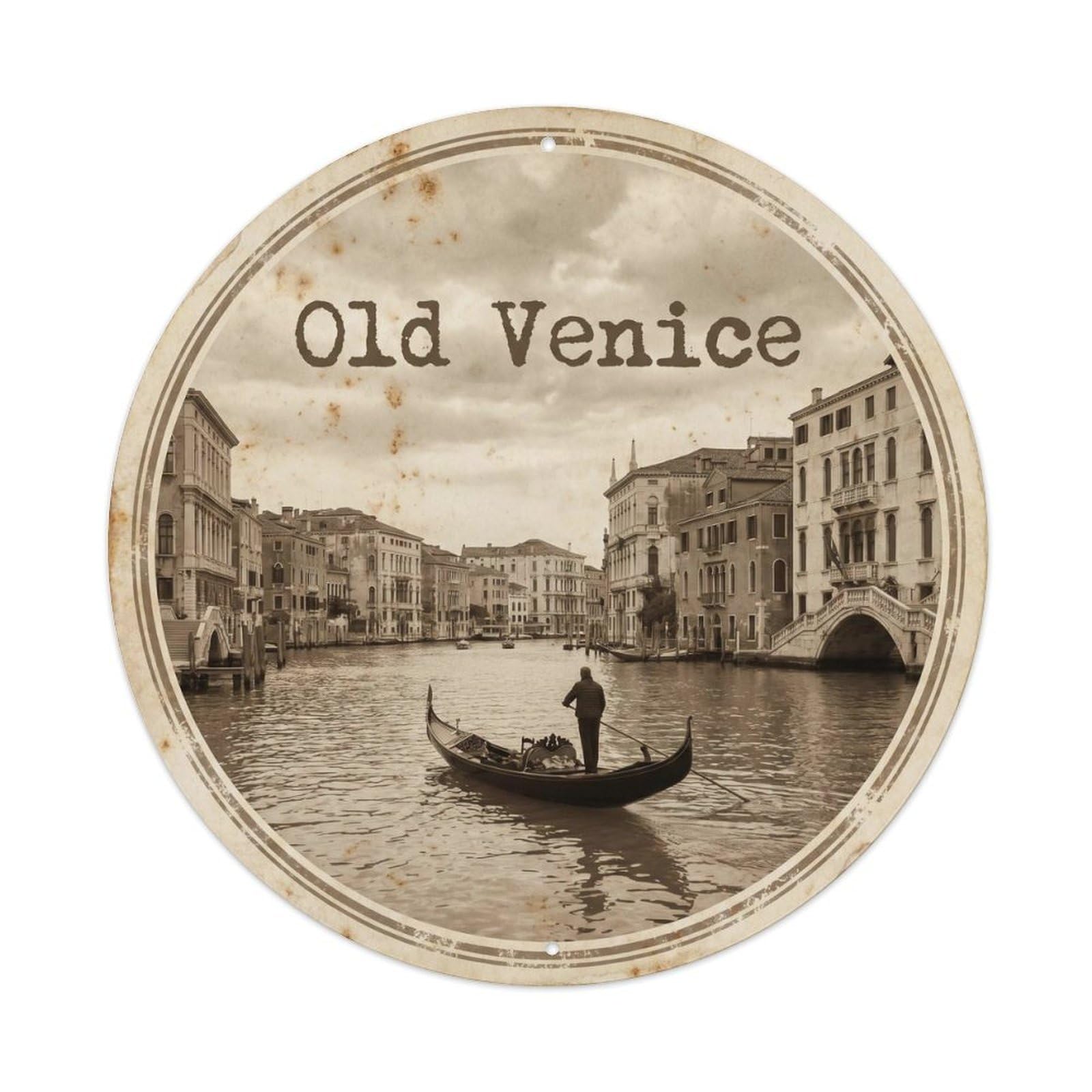 Italian Venice Lagoon Gondola Romantic Canal Guide Nostalgic Metal Tin Sign Plaque Wall Decor for Cafe, Man Cave, Club Bar, Office, Home Garden Round Metal Poster 8x8Inch